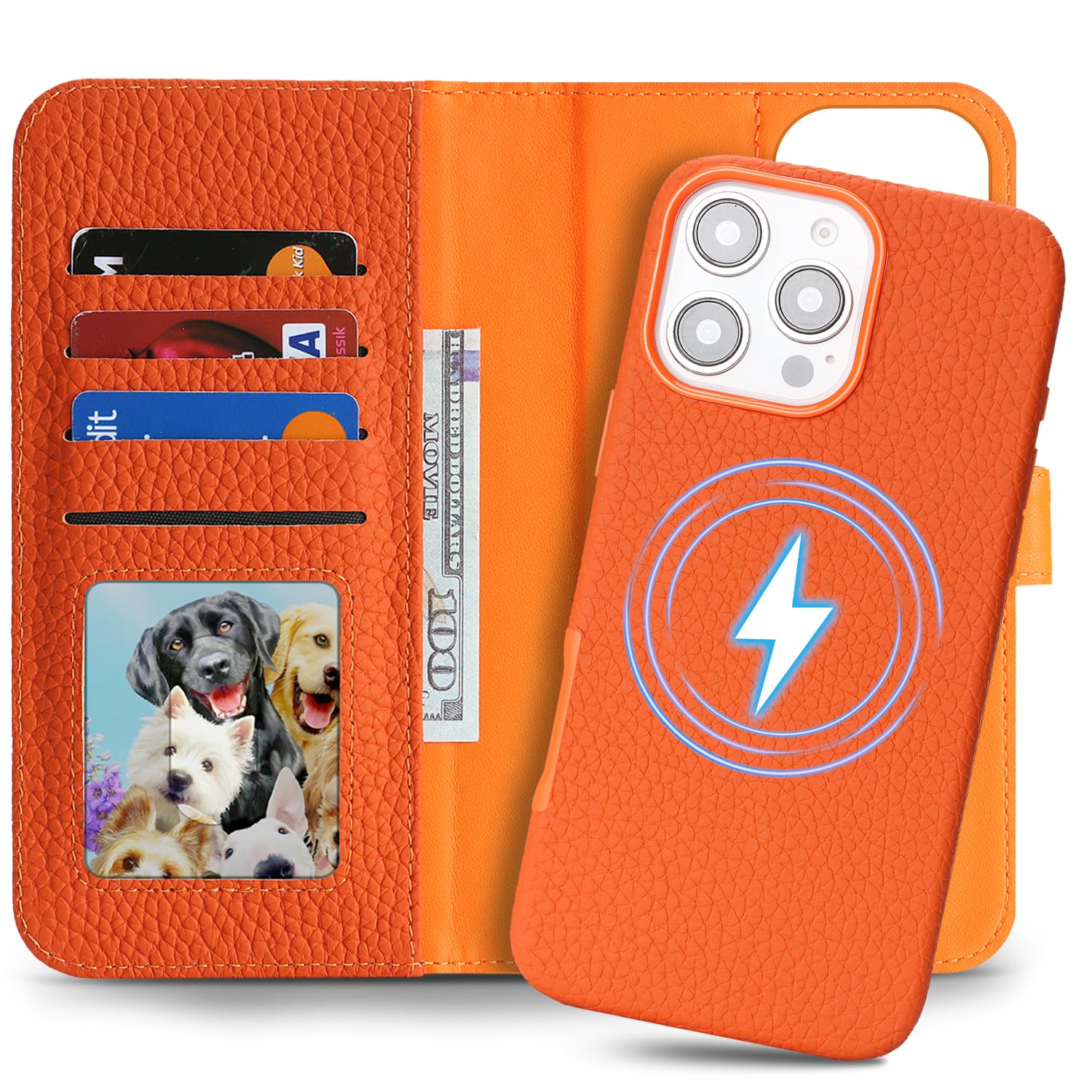 Detachable Genuine Leather Case for iPhone 16 Pro Max Wallet Case Magnetic 2in1 Removable Flip Cover Book Purse Compatible with Magsafe Charging Kickstand Card Holder-Orange