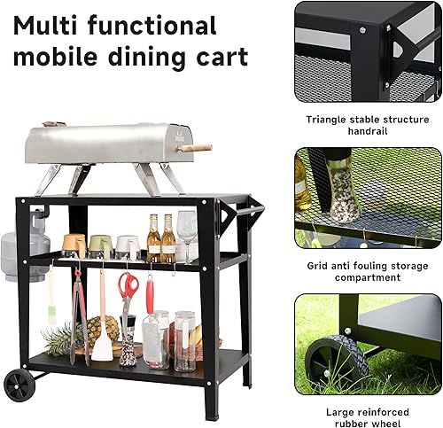 Miniatura 5 de Carrito de parrilla negro para exteriores con ruedas, mesa de preparación de barbacoa de 3 niveles resistente para horno de pizza, plancha, patio,