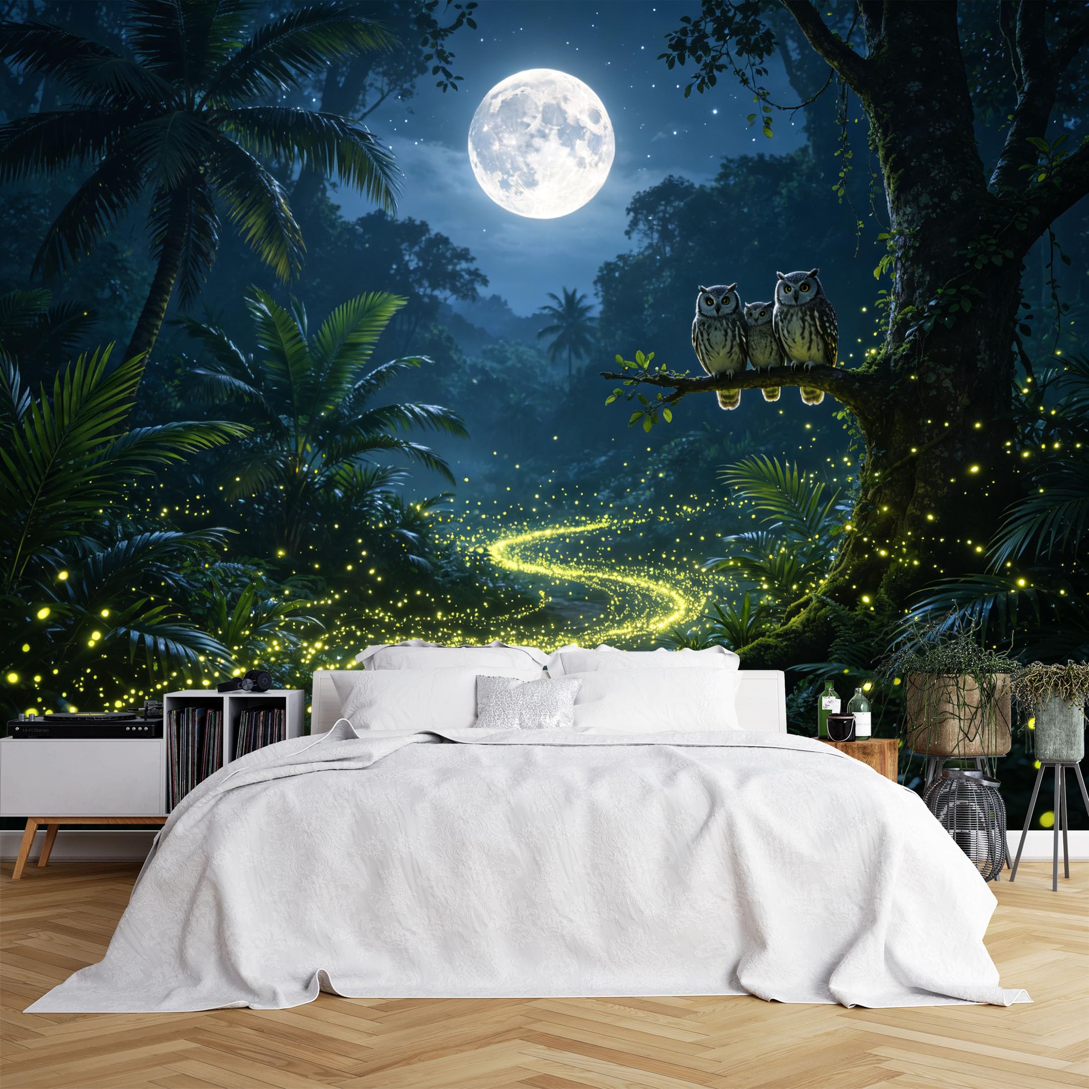 Lcythiazole Ch260615130 Custom Size Wall Murals Full Moon Jungle Owl Glowing Firefly Night Scene Wall Murals Realistic Nature Wallpaper Large Photo Wallpaper Self-Adhesive Removable Wallpaper