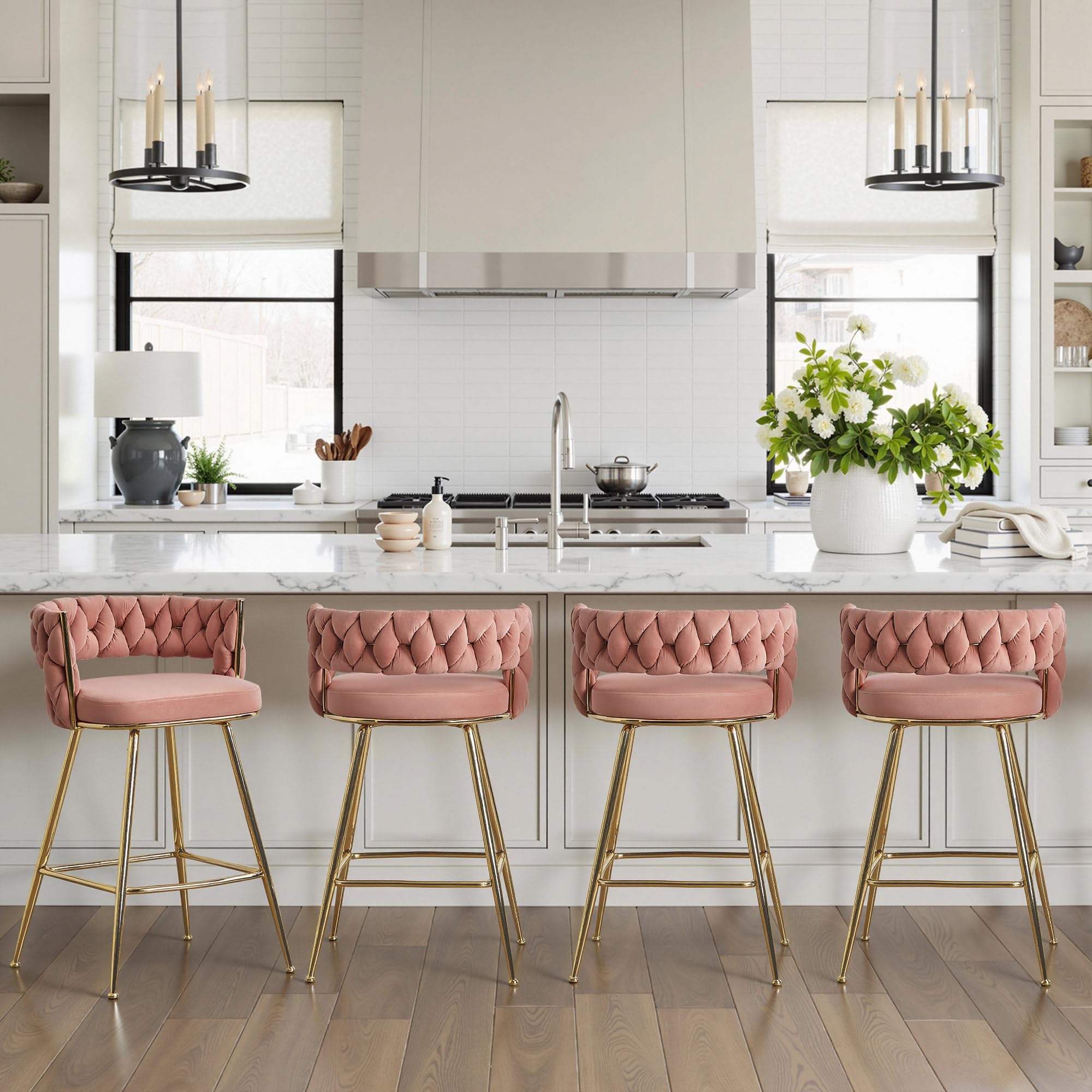 VECELO Bar Stools Set of 4, Counter Height Bar Stools, 26 inch Seat Barstools with Woven Back and Footrest for Kitchen Island Counter, Pink