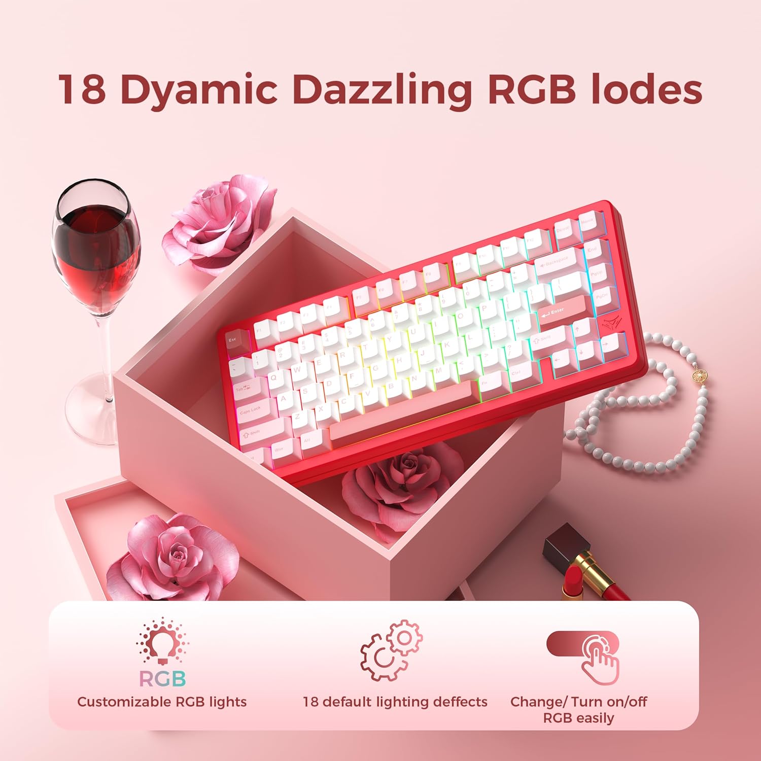 MK INKY75 Mechanical Keyboard with Full Aluminum Wireless Mechanical Gaming Keyboard, 75% Layout Mechanical KeyBoard BT/2.4G/USB-C,Hot Swappable, Creamy Sounding, RGB/PP/4000mAh(Very Raspberry)