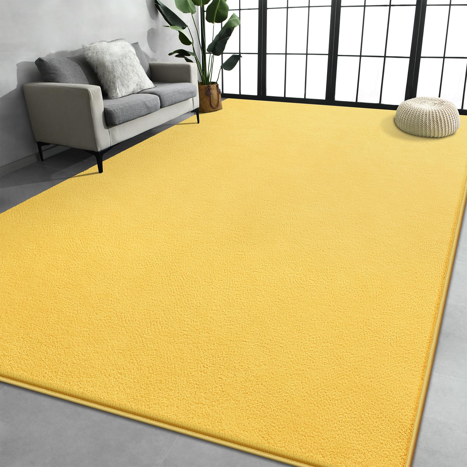Large Area Rugs for Living Room Bedroom, 5x8 Feet Yellow Rug, Minimalist Modern Shag Rug, Soft Thick Comfy Memory Foam Indoor Carpet, Non-Slip
