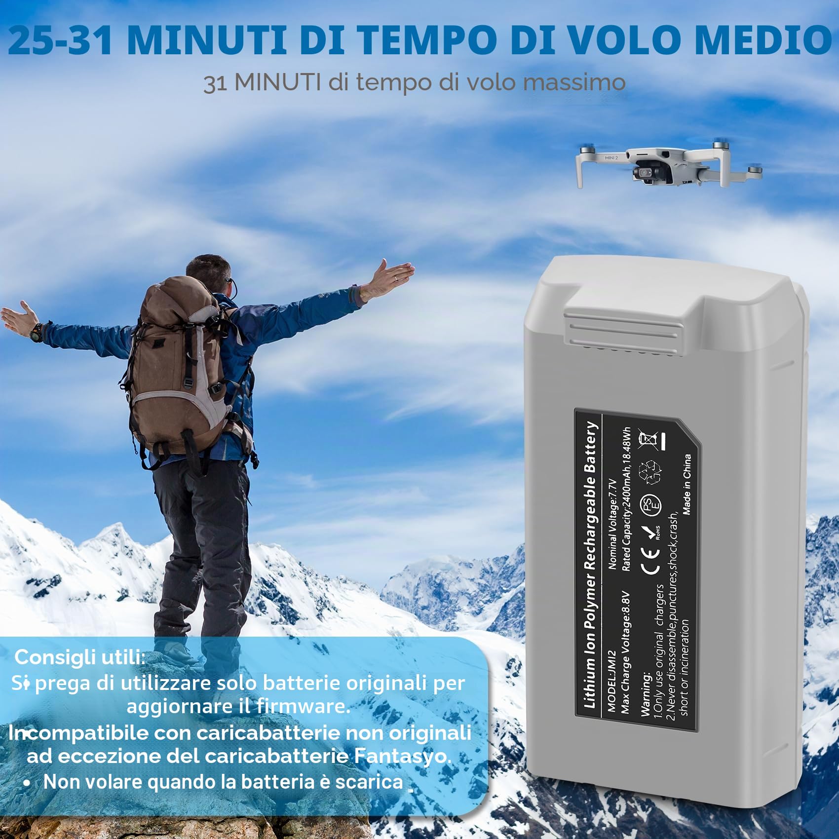 Fantasyo Volo intelligente Mini 2 Batteria Mini 4K Batteria 2 Pezzi 2400mAh e caricabatterie bidirezionale a 3 canali con display LCD Completamente compatibile con DJI Mini 4K/2/2 SE/SE