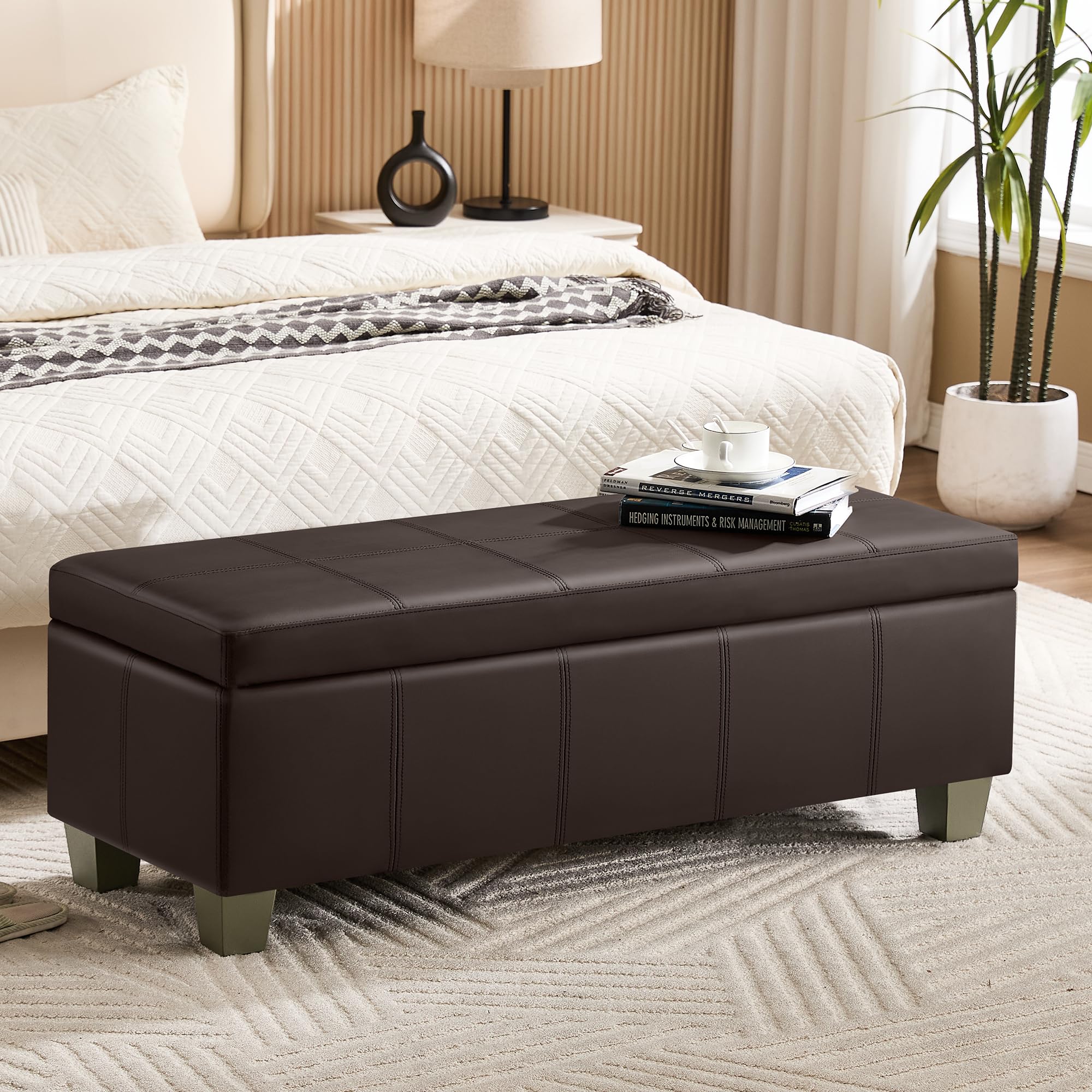 WUTUTUEE 51" Faux Leather Storage Ottoman, Stitch Tufted Rectangle Upholstered End of Bed Storage Bench, Entryway Large Couch Ottoman with Wooden Legs, Brown