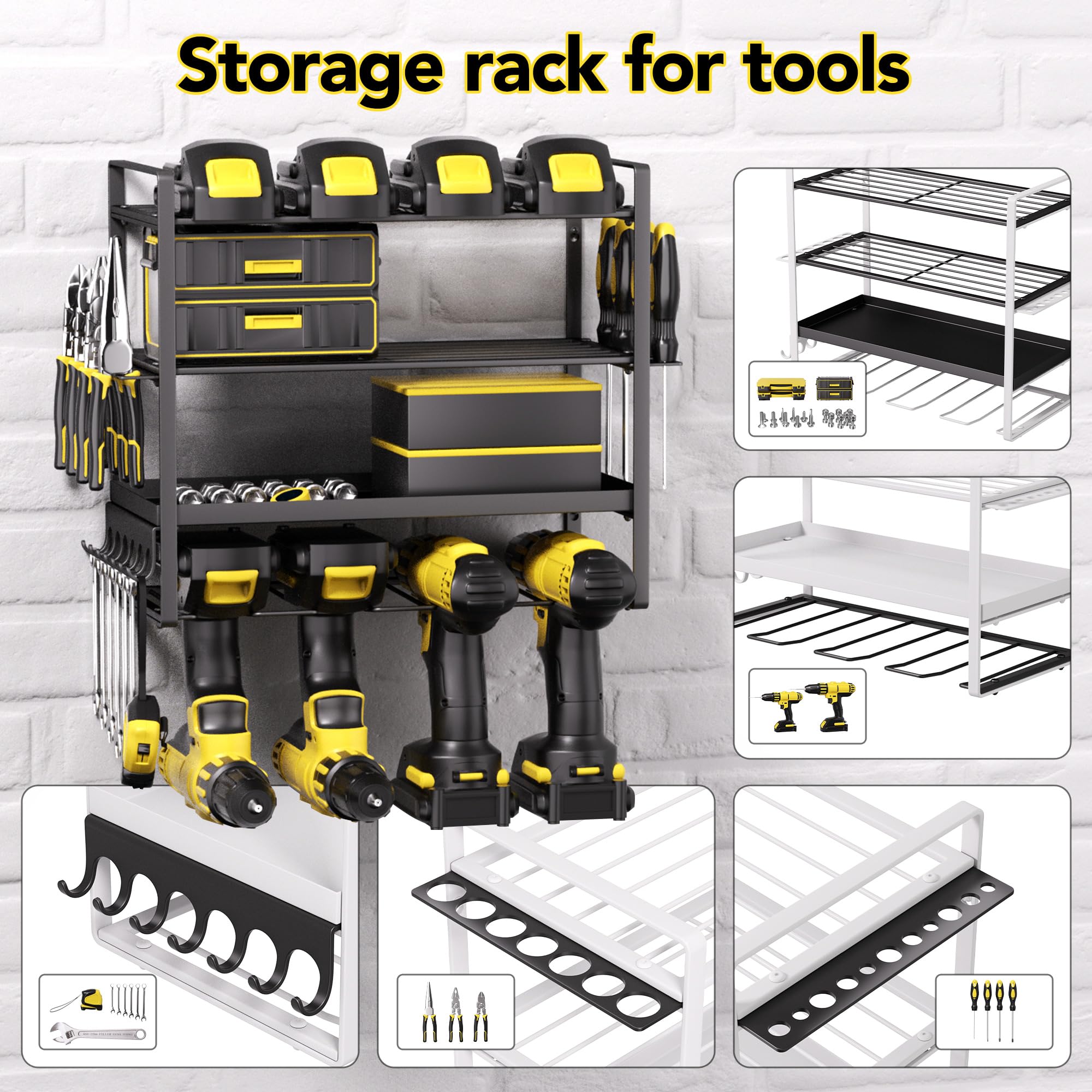 4 Layer Drill Holders Wall Mount, Heavy Duty Metal Organizers And Storage Rack For Garage Organization, Tools Shelves With Screwdriver Plier/Hammer Holder, Black, Power Tool Organizer - View #10