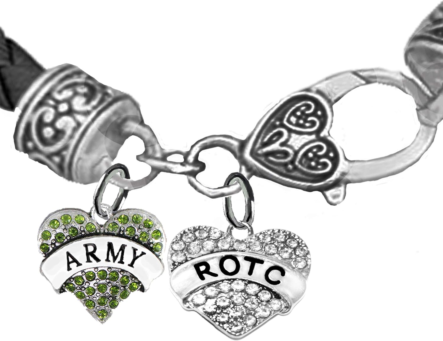 Cardinali Jewelry ROTC, Army Crystal Heart, Genuine Army Black Leather Bracelet, Hypoallergenic Safe-Nickel, Lead And Cadmium Free