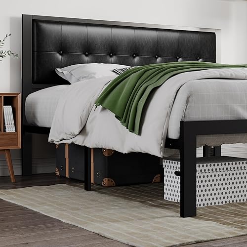 Miniatura 9 de SHA CERLIN Base de cama de piel sintética con listones de metal cabecera cuadrada cosida con botones no necesita somier fácil montaje tamaño King