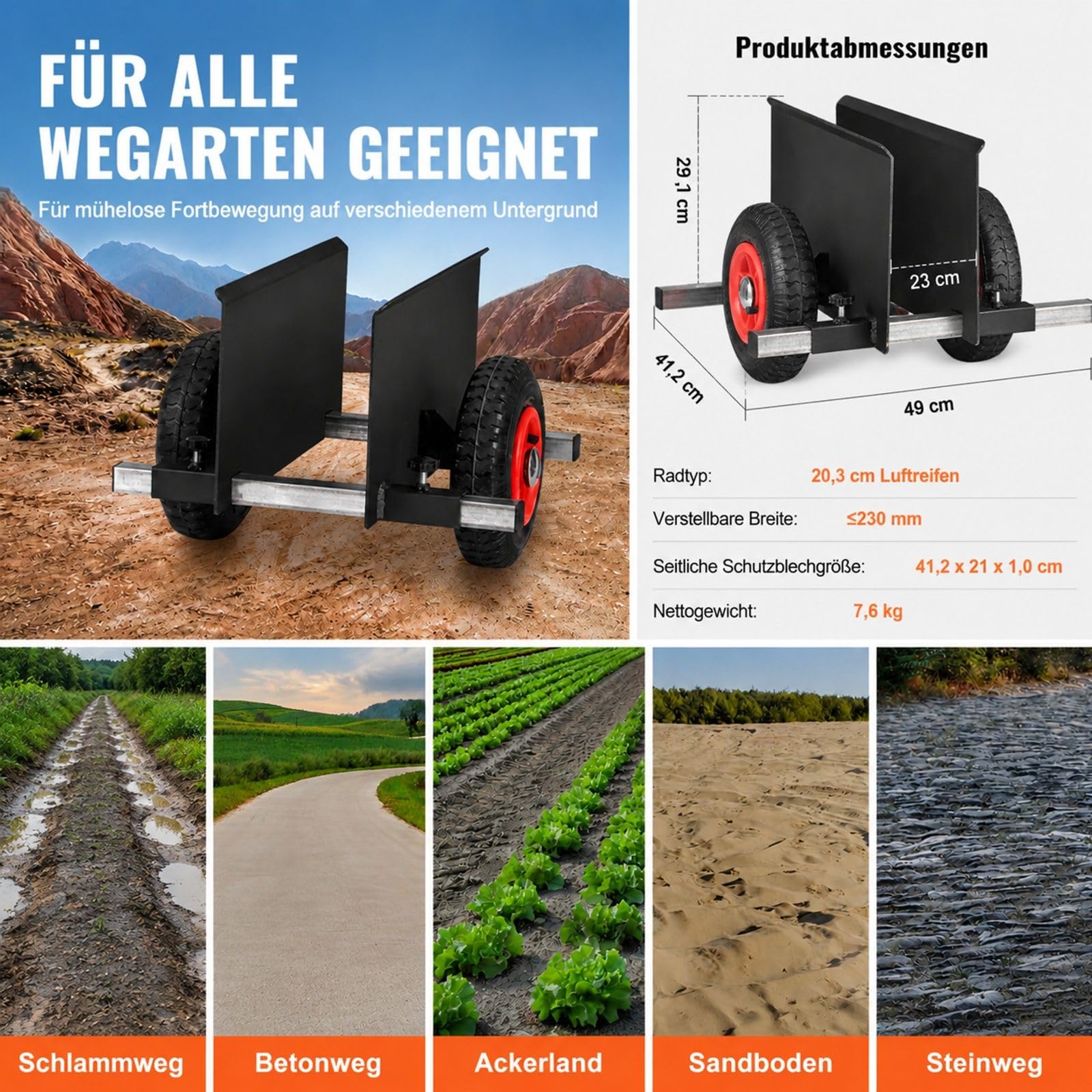 Plattenwagen, 600 lb Traglast, Lufträder, verstellbare Klemme für Gipskartonplatten und Materialtransport