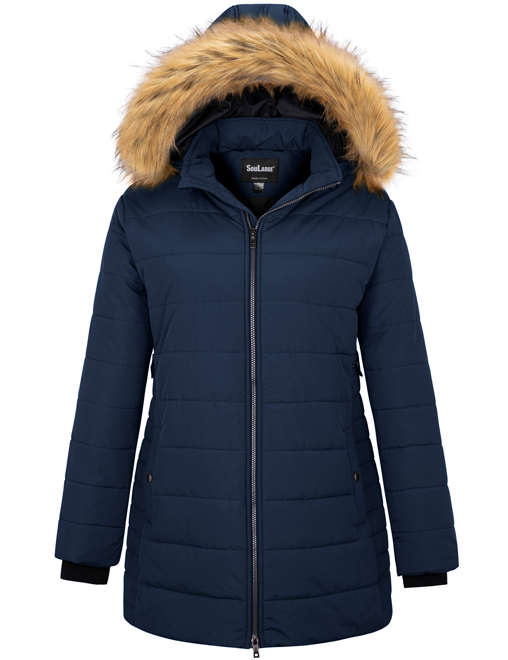 soularge women's plus size winter thickened mid length puffer coat (navy,3x)