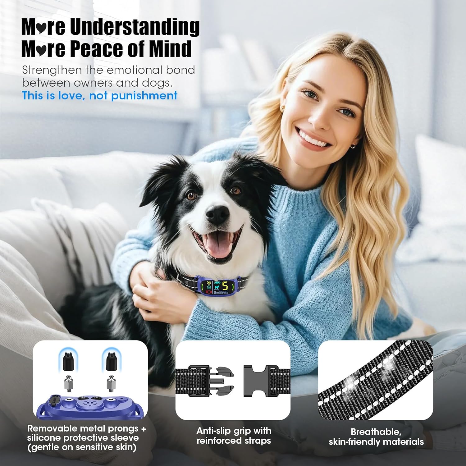 A woman petting a dog wearing the Oliry Smart AI Bark Collar S1 Pro, with insets showing removable metal prongs with silicone covers, anti-slip grip, and breathable strap materials.