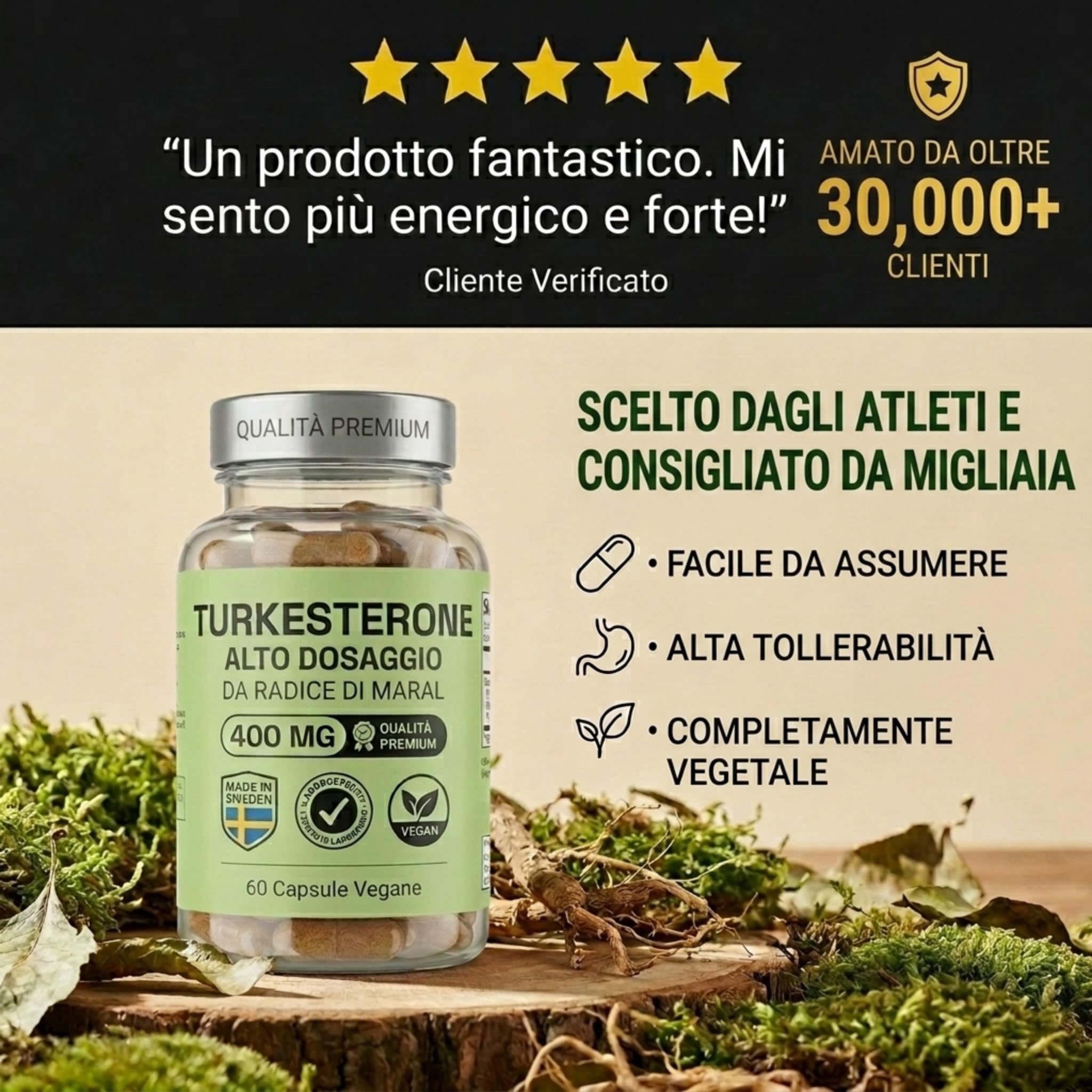 NOOP Turkesterone 400 mg, Integratore Testosterone Uomo, Booster Massa Muscolare e Forza – Radice di Maral, Vegano, Prodotto in Svezia – 60 Capsule