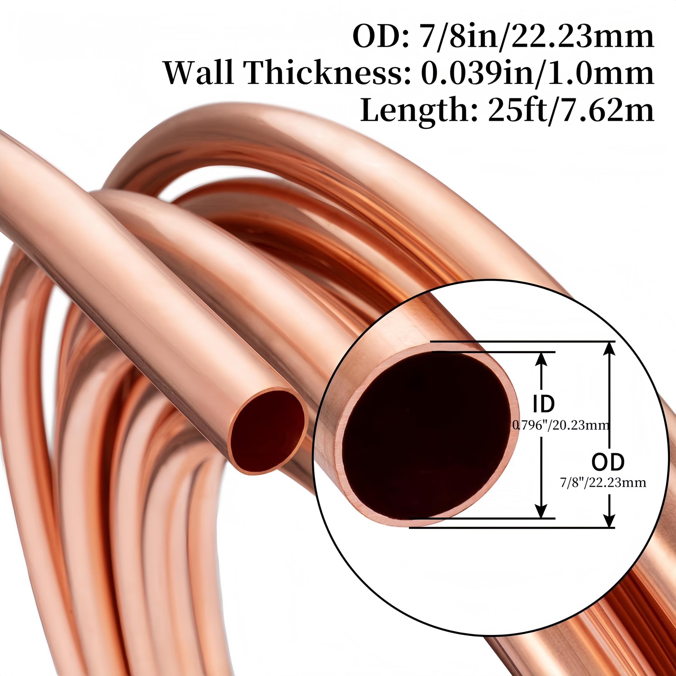 BELLA BAYS Tubo de cobre de 7/8 pulgadas de diámetro exterior x 0.8 pulgadas de diámetro interior x 25 pies, 99.9% C12200 ASTM B280 Refrigeración ACR Tubería sin costuras, bobina suave redonda T2 tubo
