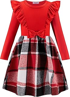 Arshiner Girls' Dresses Checked Autumn Dress Toddler Long Sleeve Ribbed Knit Children's Dress Ruffle A-line Knitted Dress Bowknot Winter Dress Christmas Dress 2-6 Years