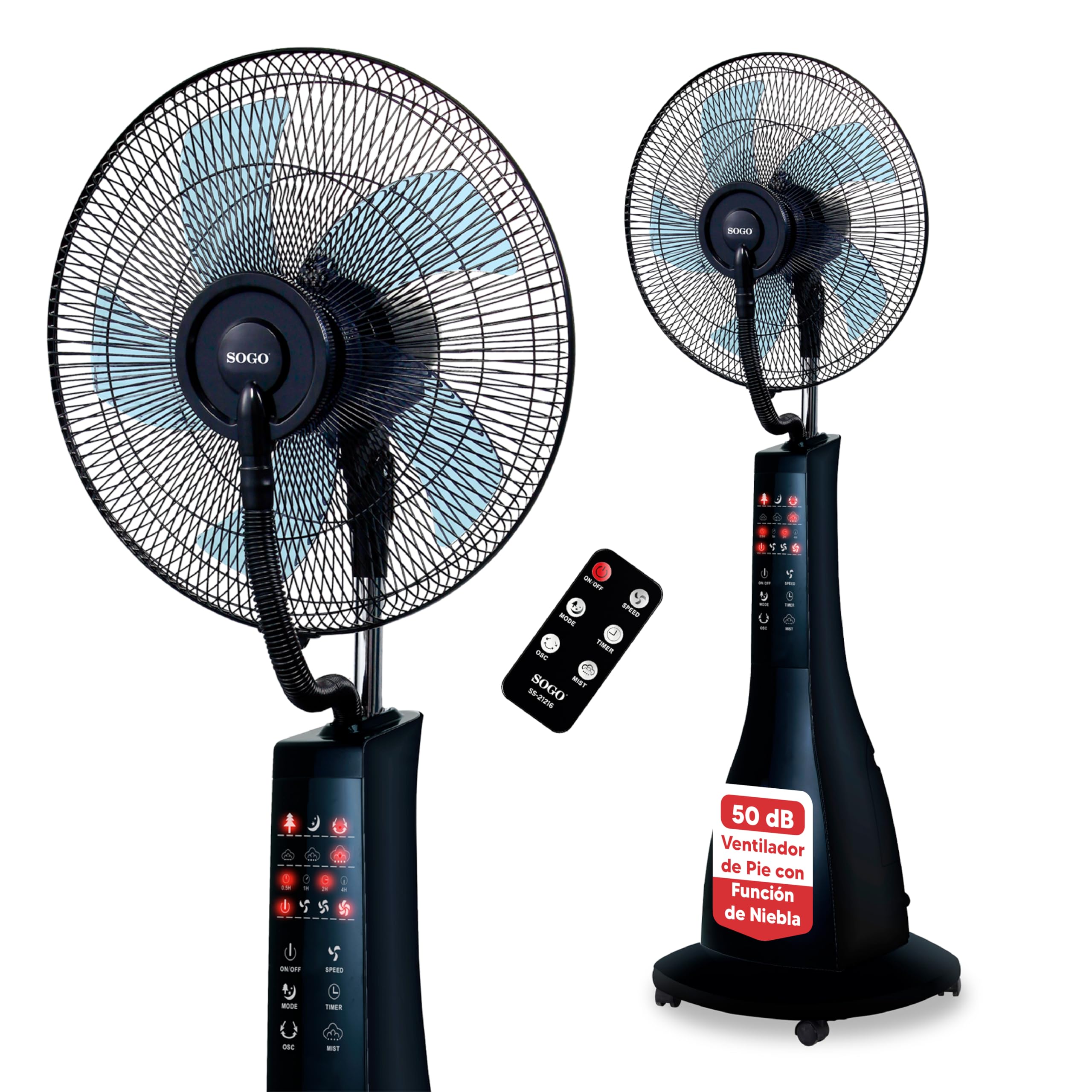 SOGO Ventilador Nebulizador De Agua Con Mando A Distancia - Ventilador Silencioso Oscilante Con Temporizador 7.5h - Panel LED Táctil Y Ruedas - Depósito 3L 90W