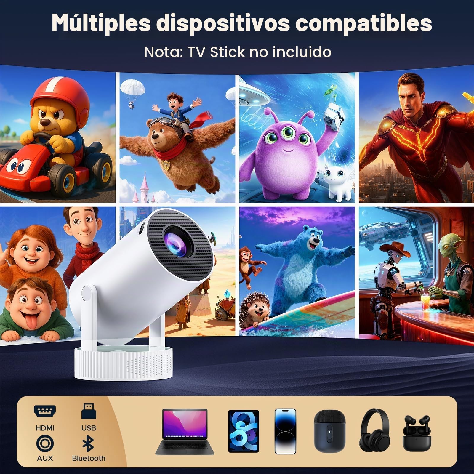 Videoproyector Portátil con Batería, Mini Proyector Compatible con resolución 4K Android TV 11 WiFi 6 Bluetooth, 3 Horas Autonomía, Exterior Acampada Jardín, 220° Rotación, Cine Casa Aire Libre