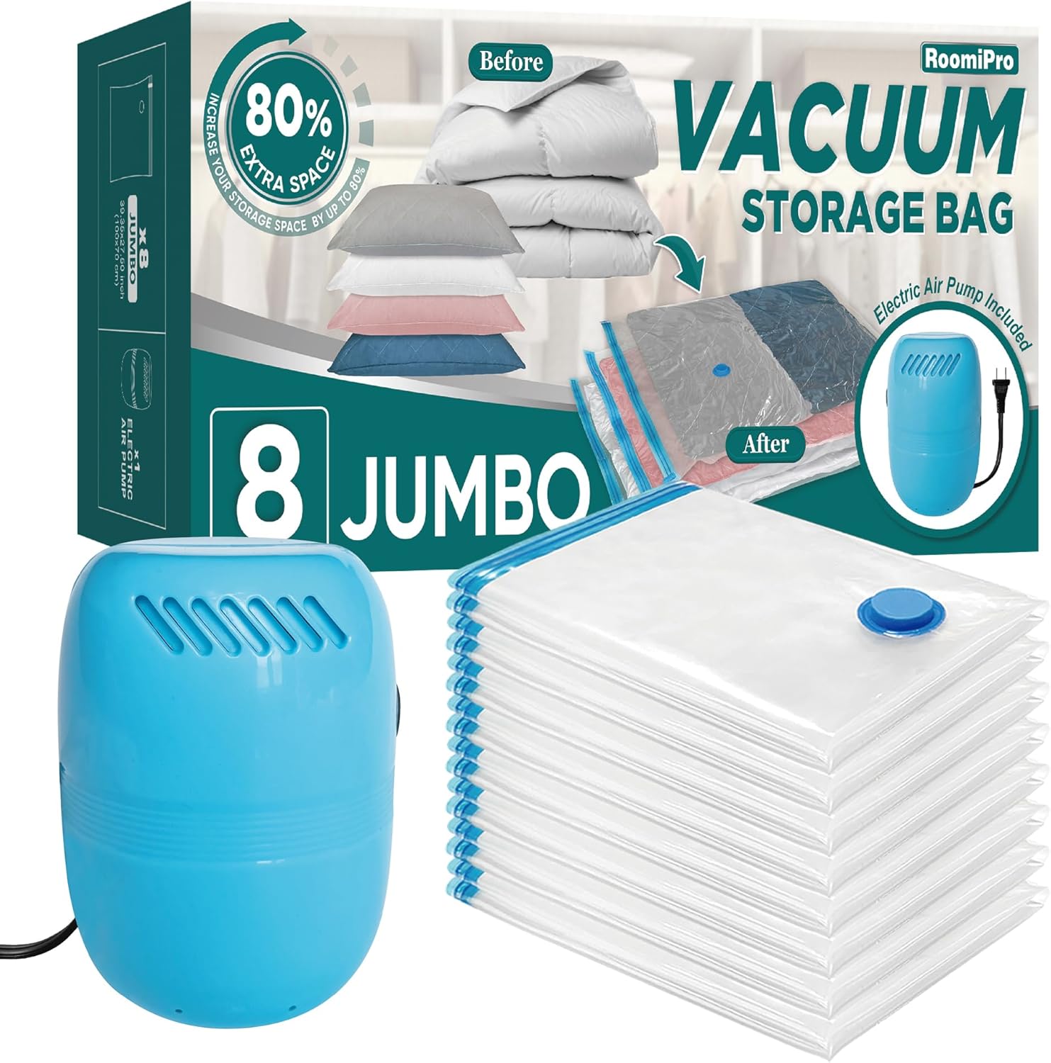 Roomipro 8 Jumbo Vacuum Storage Bags with Electric Pump