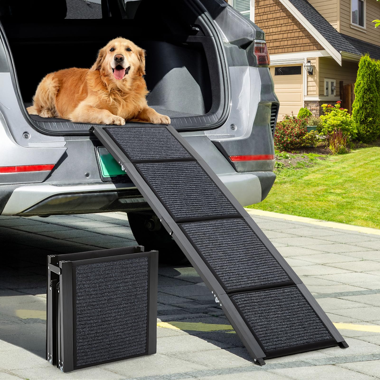The Fellie Große Hunderampe Auto Klappbar 160CM, Hundetreppe Mit Rutschfester Teppichoberfläche Für Große, Mittlere Und Kleine Hunde, Tragbare Hunderampe Für SUV & LKW, Hundetreppe Bis Zu 100KG