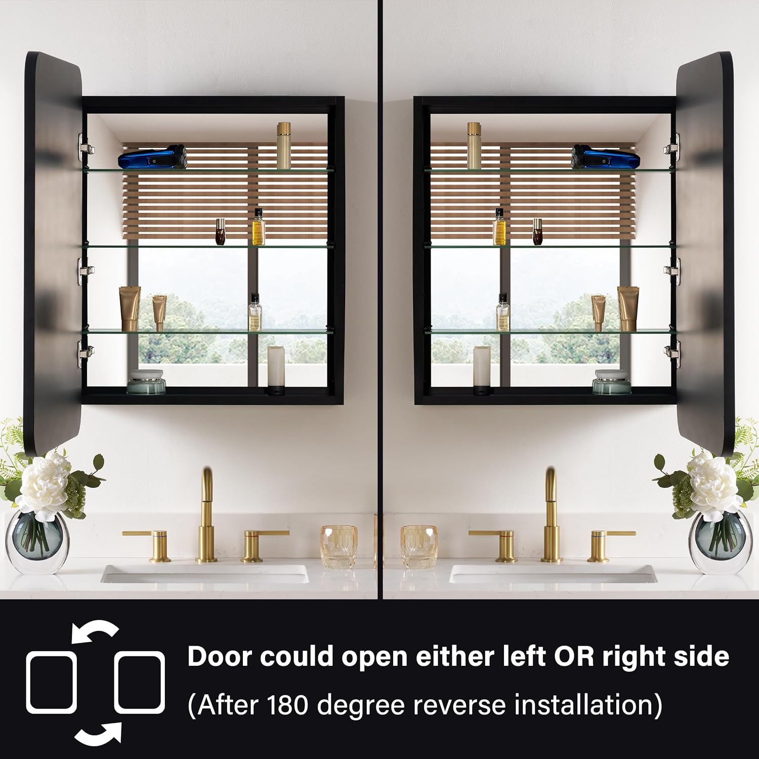 WELLFOR 24" x 32" Rectangle Medicine Cabinet Mirror, Surface Mount or Recessed Medicine Cabinet with Tempered Mirror, Black Metal Framed Wall Mirror Cabinet, Modern Bathroom Mirror with Storage