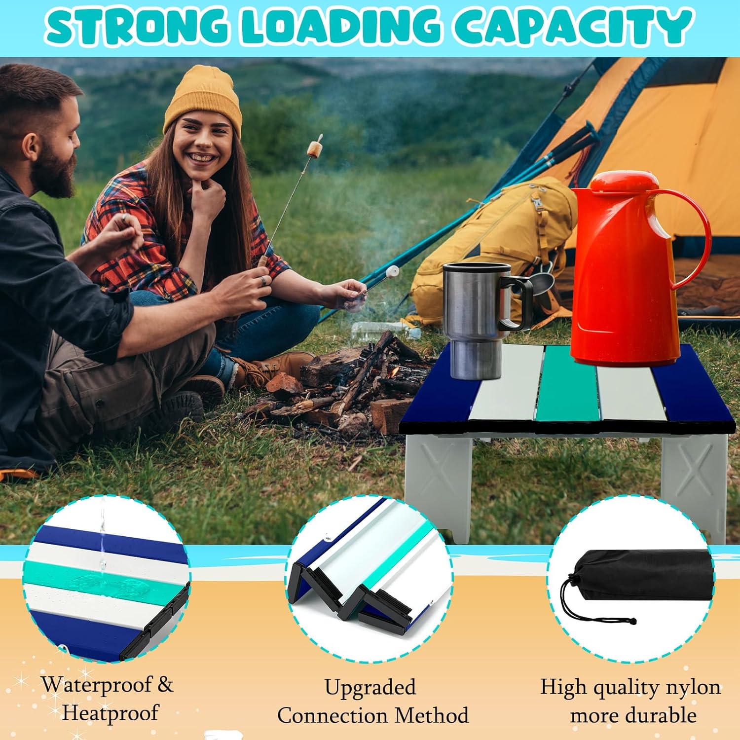 CroBlissful Beach Table Folding Camping Portable Table Striped White Aluminum Side with Carry Bag for Camping Picnics and Outdoor Activities(16x11x5 in,Cyan Green)