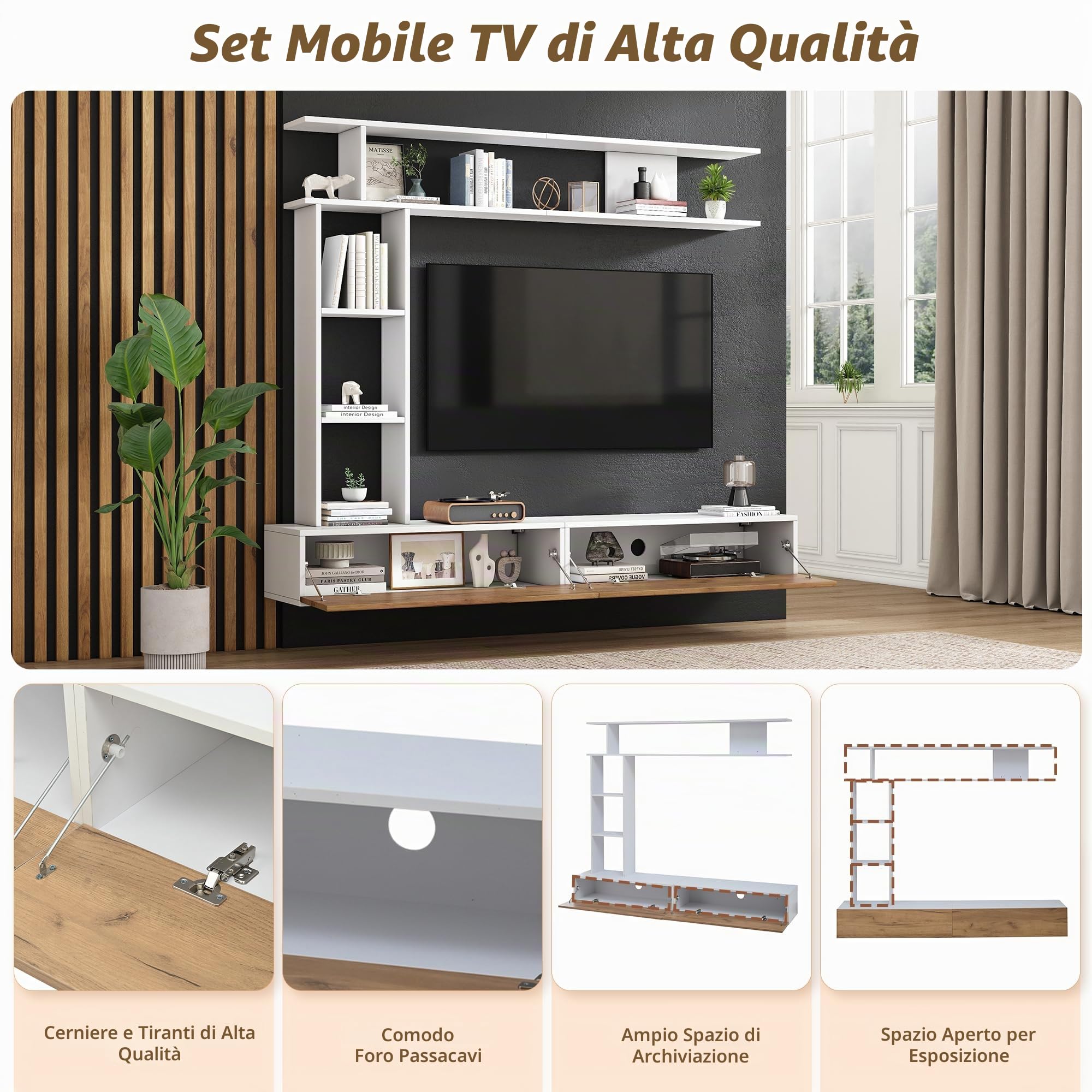 Set da parete per TV, 180 x 35 x 22,5 cm, con vetrina, supporto e mensola, TV fino a 80", bianco + legno