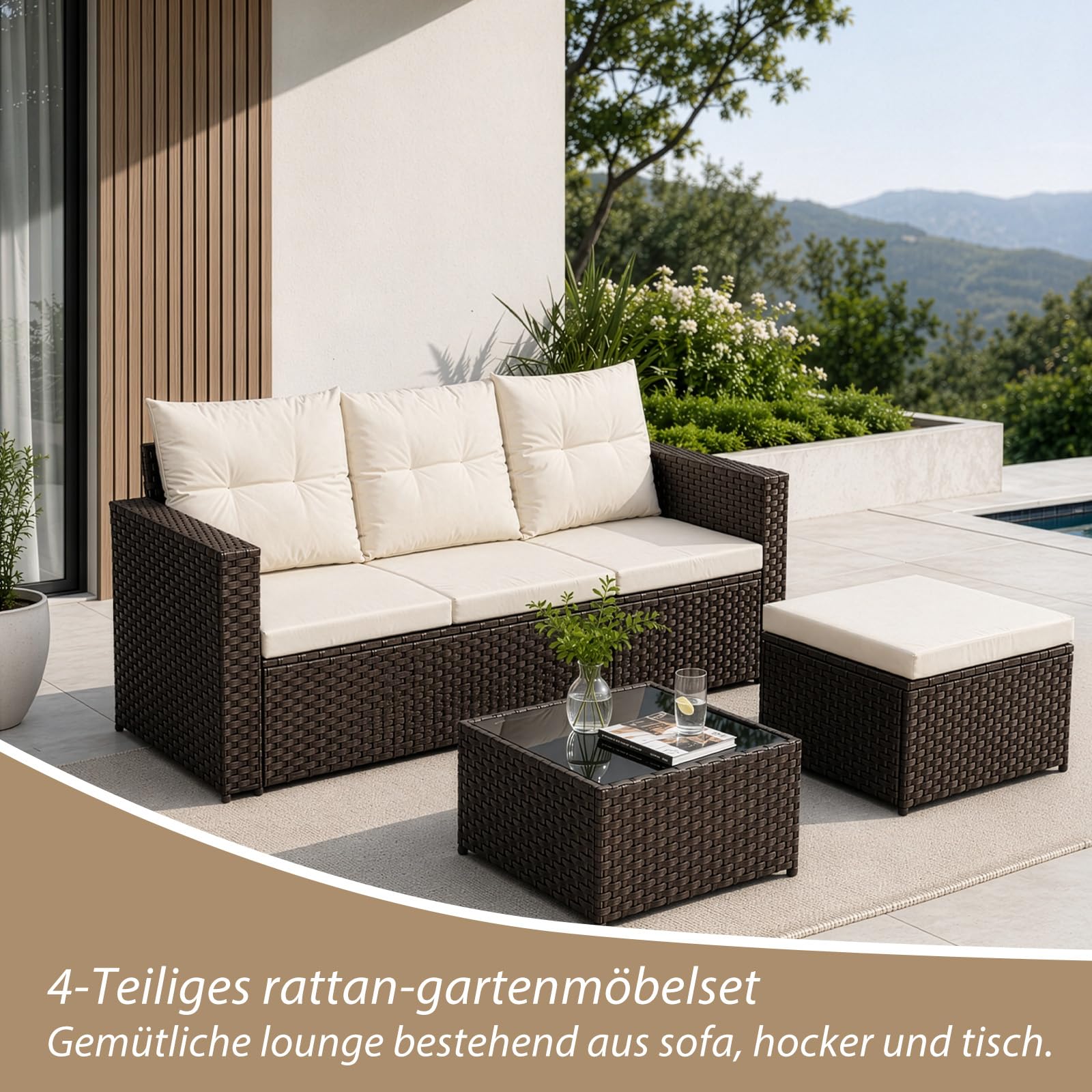 Polyrattan Gartenmöbel-Set Lounge für 3–4 Personen – Ecksofa Sitzgruppe mit Tisch & Hocker, wetterfeste Gartenmöbel-Sets für Balkon, Terrasse & Garten (Braun)