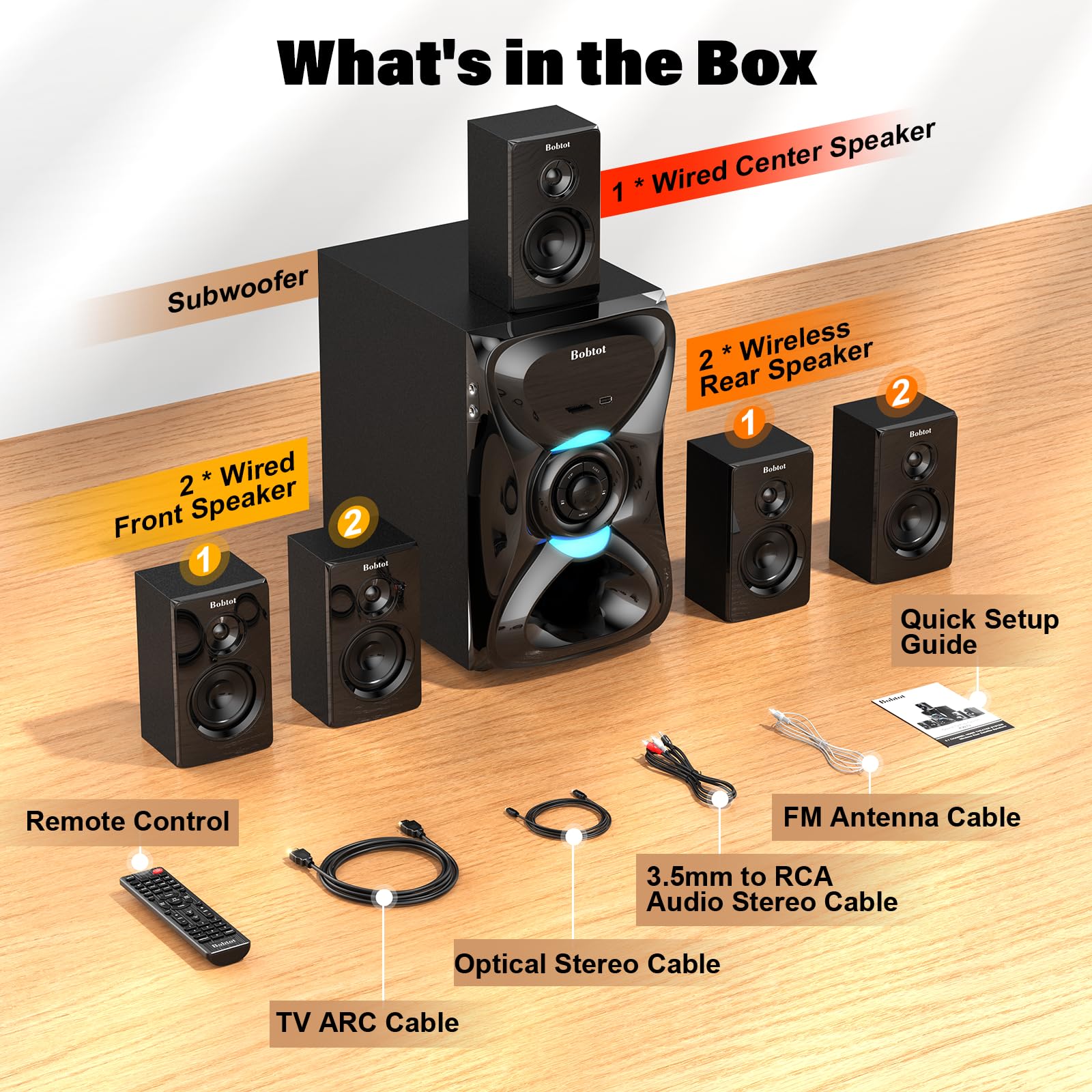 Bobtot Surround Sound Systems Haut-parleurs satellites arrière sans fil, pic 1000 W
