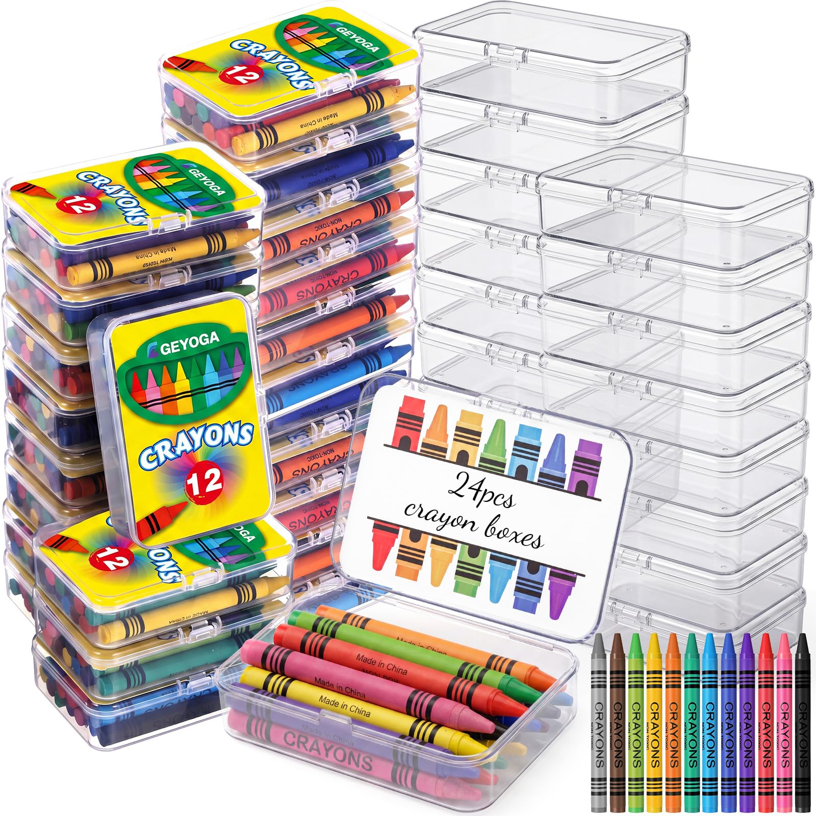 Geyoga Juego de 24 cajas de crayones de plástico de 12 colores con crayones a granel, colores surtidos con etiquetas de nombre, almacenamiento apilable para profesores, estudiantes, recuerdos de