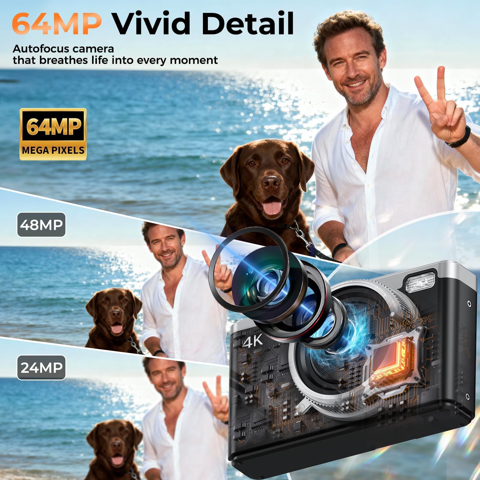 Appareil Photo Numérique 4K Digital - Maxmango 64MP Appareils Numérique avec Écran Rabattable 180° - 2.4" Camera pour Vlog avec Carte 16GB - pour Débutants, Adolescents, Vlogging - Noir