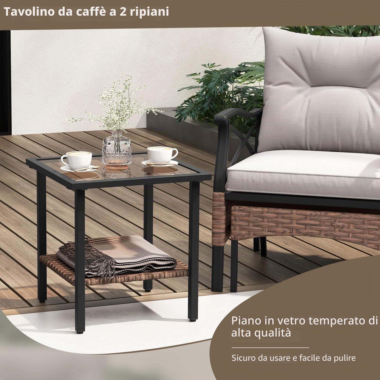 LIFEZEAL Salotto da Giardino in Rattan PE 5 Pezzi, 2 Poltrone con Cuscini, 2 Poggiapiedi, Tavolino in Vetro, Marrone
