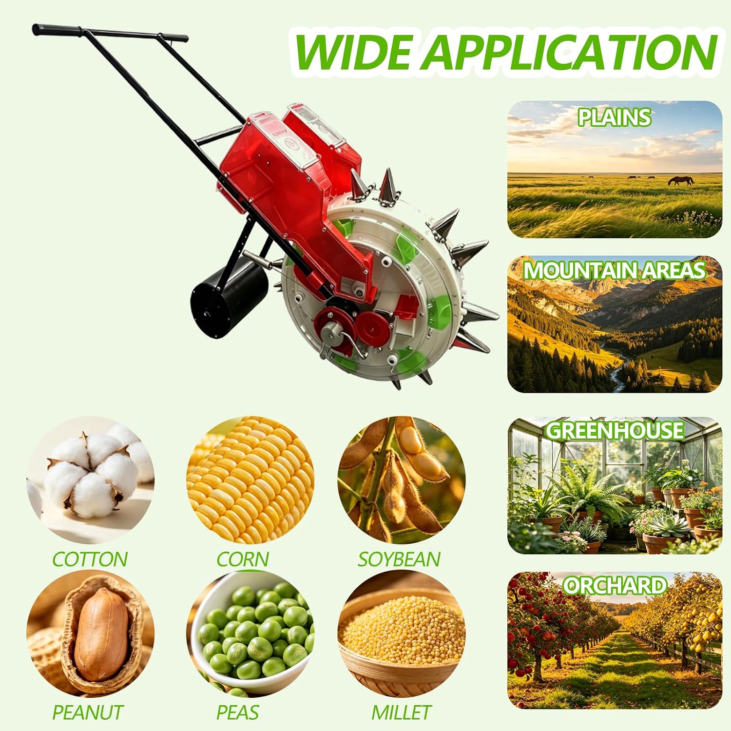 Dual-Bin Seed Planter & Fertilizer Applicator, 7-Outlet Walk-Behind Manual Seeder, 9" Plant Spacing, Seeding and Fertilizing for Corn, Soybean, Peanut & Cotton
