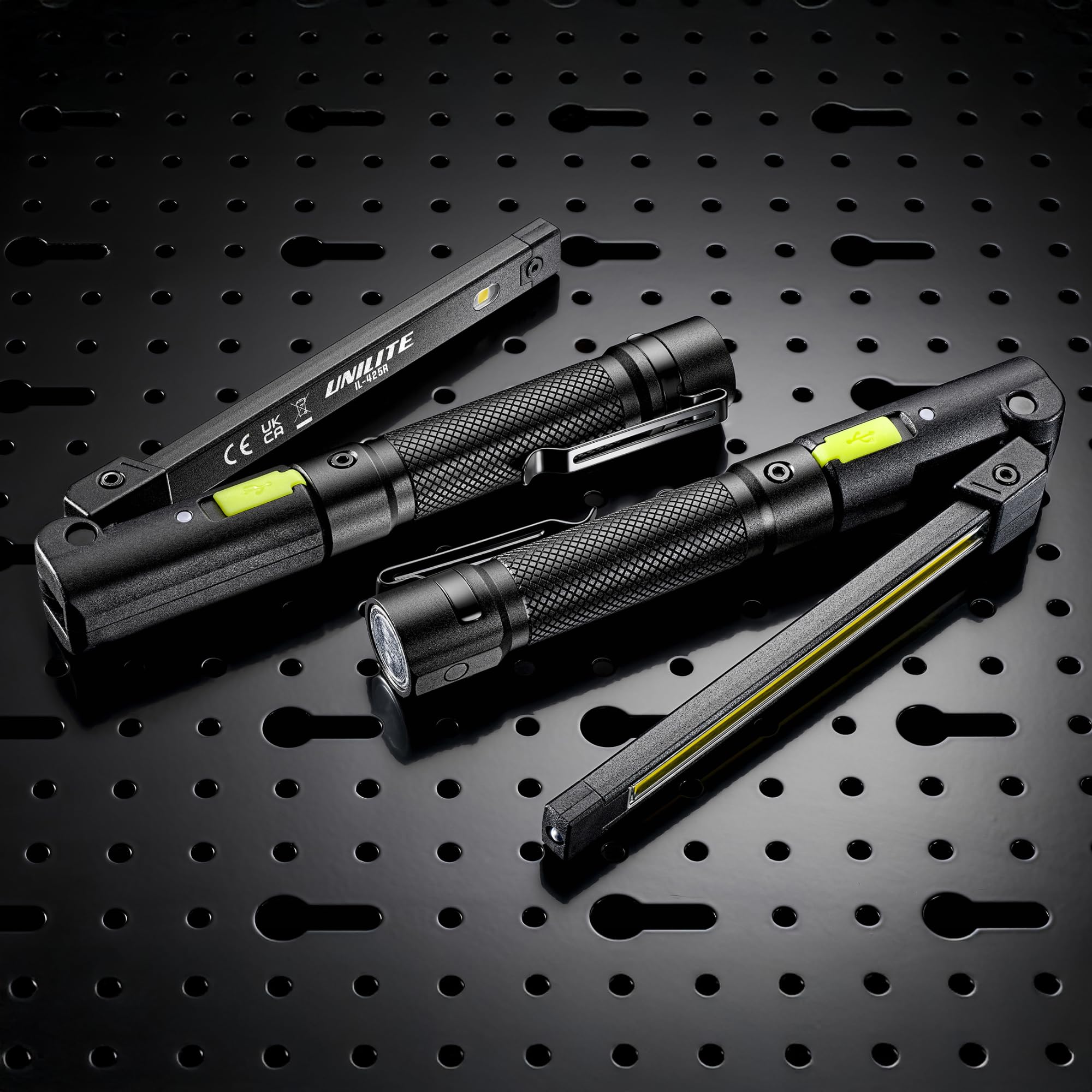 Unilite IL-425R LED-Inspektionsleuchte mit USB-Anschluss, wiederaufladbar, hochwertig, schlank, faltbar, 425 Lumen, zusätzliche Heck- und Ober-Taschenlampe, starker Magnetfuß, Schnellladung Typ C