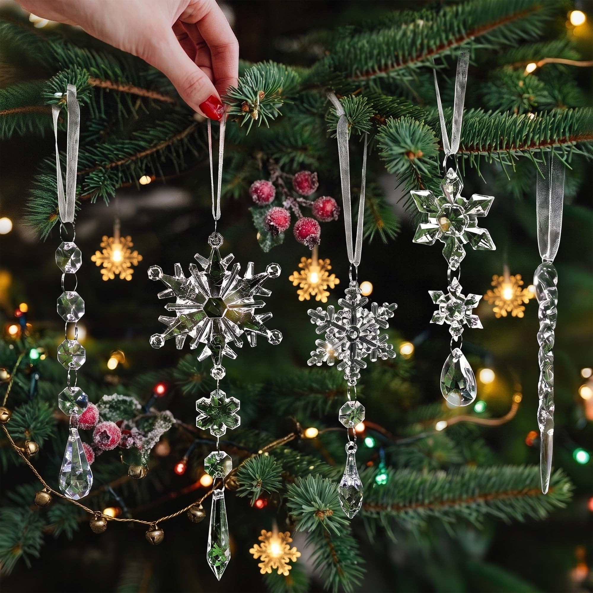 20Pcs Crystal Icicle Christmas Ornaments Tree Hanging Snowflake Decorations