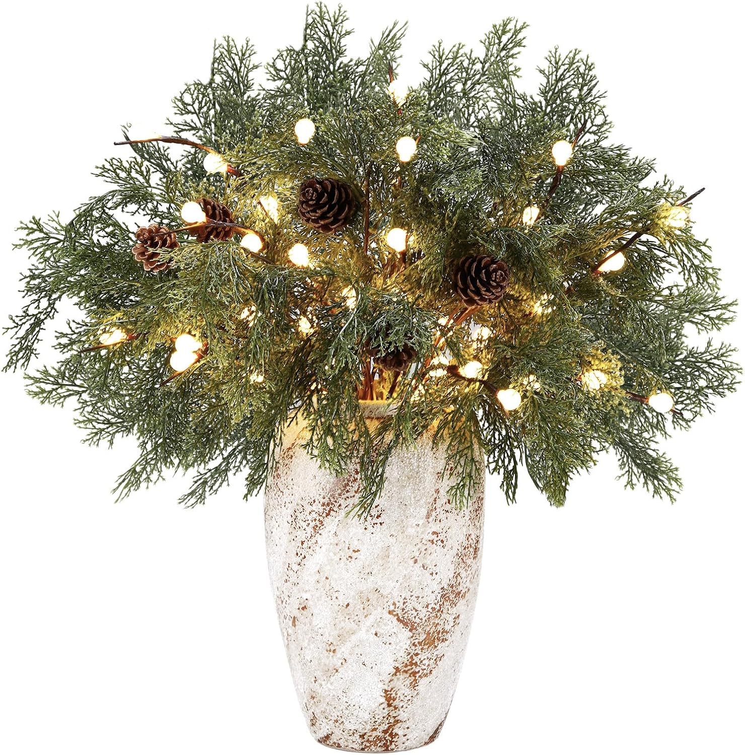 Tigeen 20 Pcs Christmas Norfolk Pine Branches with Lights Set Includes 12 19.7 Artificial Pine Picks 2 Lighted Branch 6 Pinecones Faux Greenery Stems for Vase DIY Crafts Xmas Home Decoration