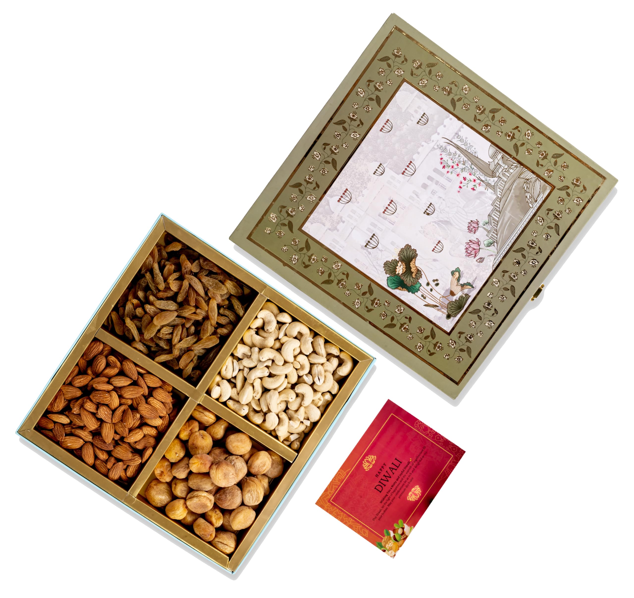 Wooq Organics Premium Dry Fruit Gift Boxes with Dry Fruits Almond, Cashew, Raisin, Apriocts - Mix Dry Fruits gift Pack, Diwali dryfruit combo Gift hamper (4x150g, 7x10x2 Inches)