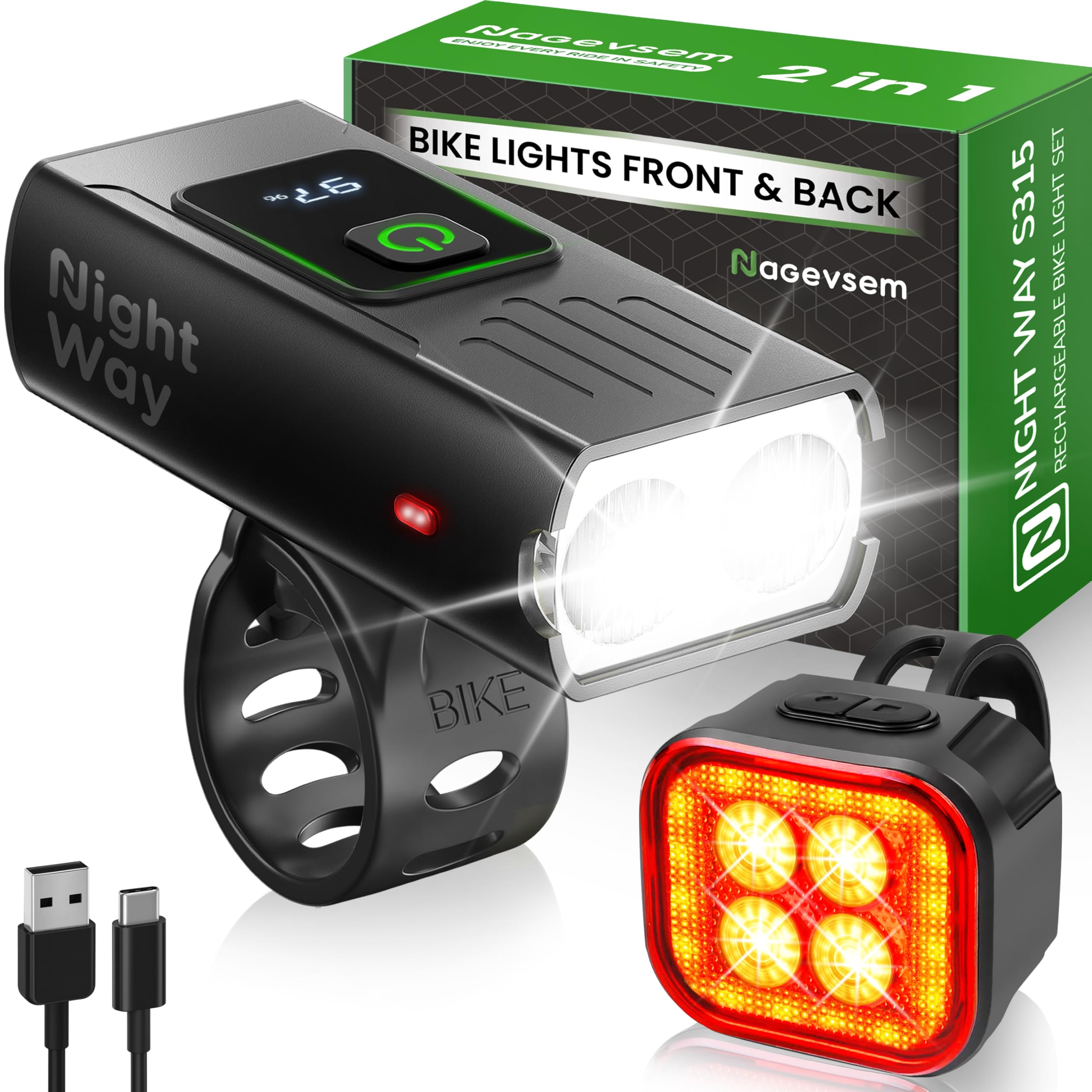 Set di luci per bici per guida notturna, LED ultra luminose ricaricabili USB-C, faro e fanale posteriore, luce di sicurezza anteriore e posteriore impermeabile, 12+6 modalità per ciclismo su