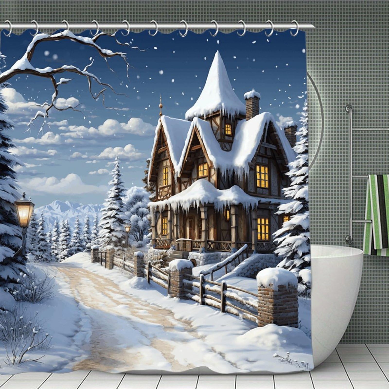 VstaDank Christmas Winter Happy Scene Bath Curtain Elegant Heavy Duty Shower Curtains 70x70 in Rustic Farmhouse Cloth Shower Curtains Neutral Modern Bath Curtain for Bathroom