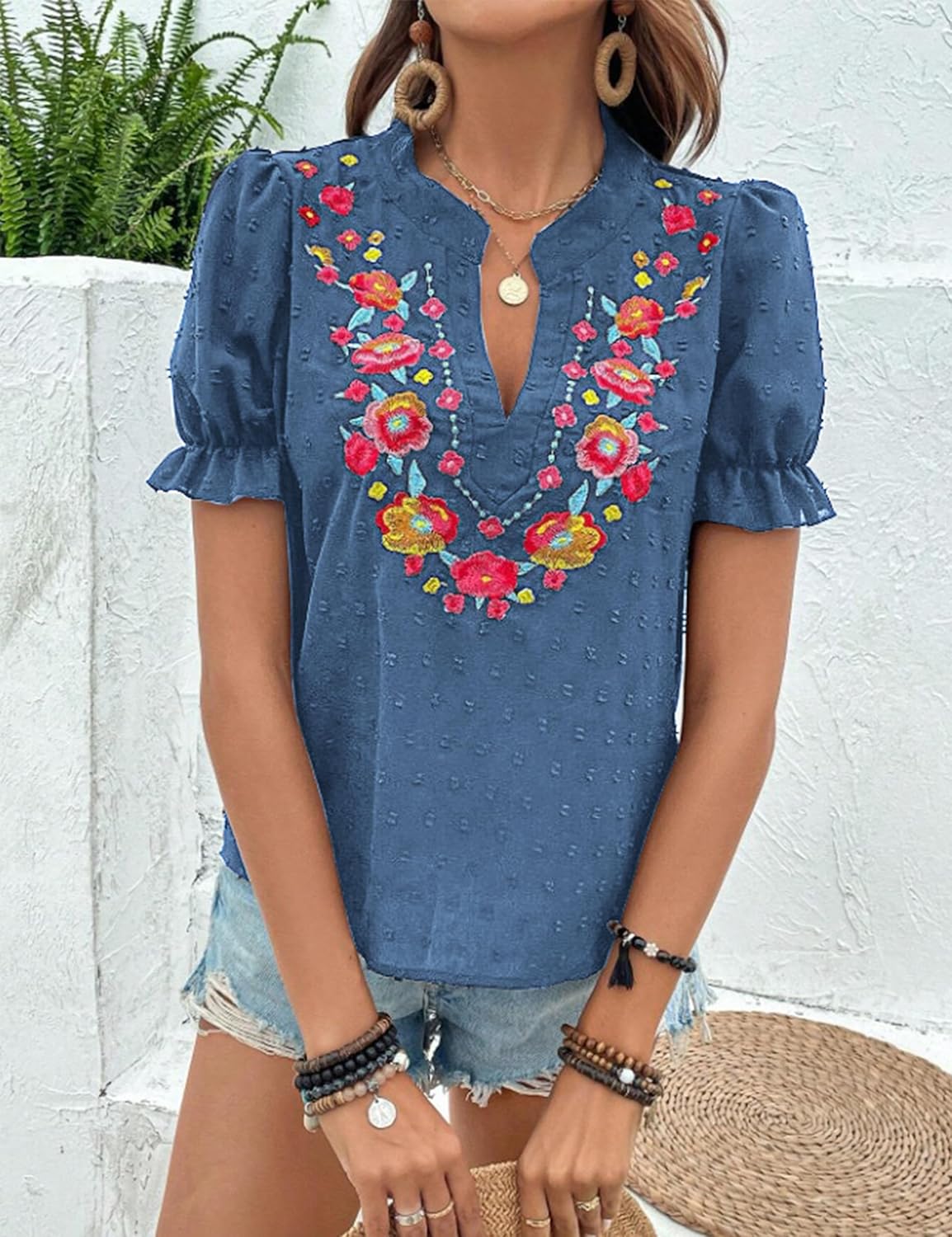ZILIN Women's Casual Floral Embroidered V Neck Boho Short Puff Sleeve Shirts Loose Summer Blouses Tops Fashion Clothes 2026