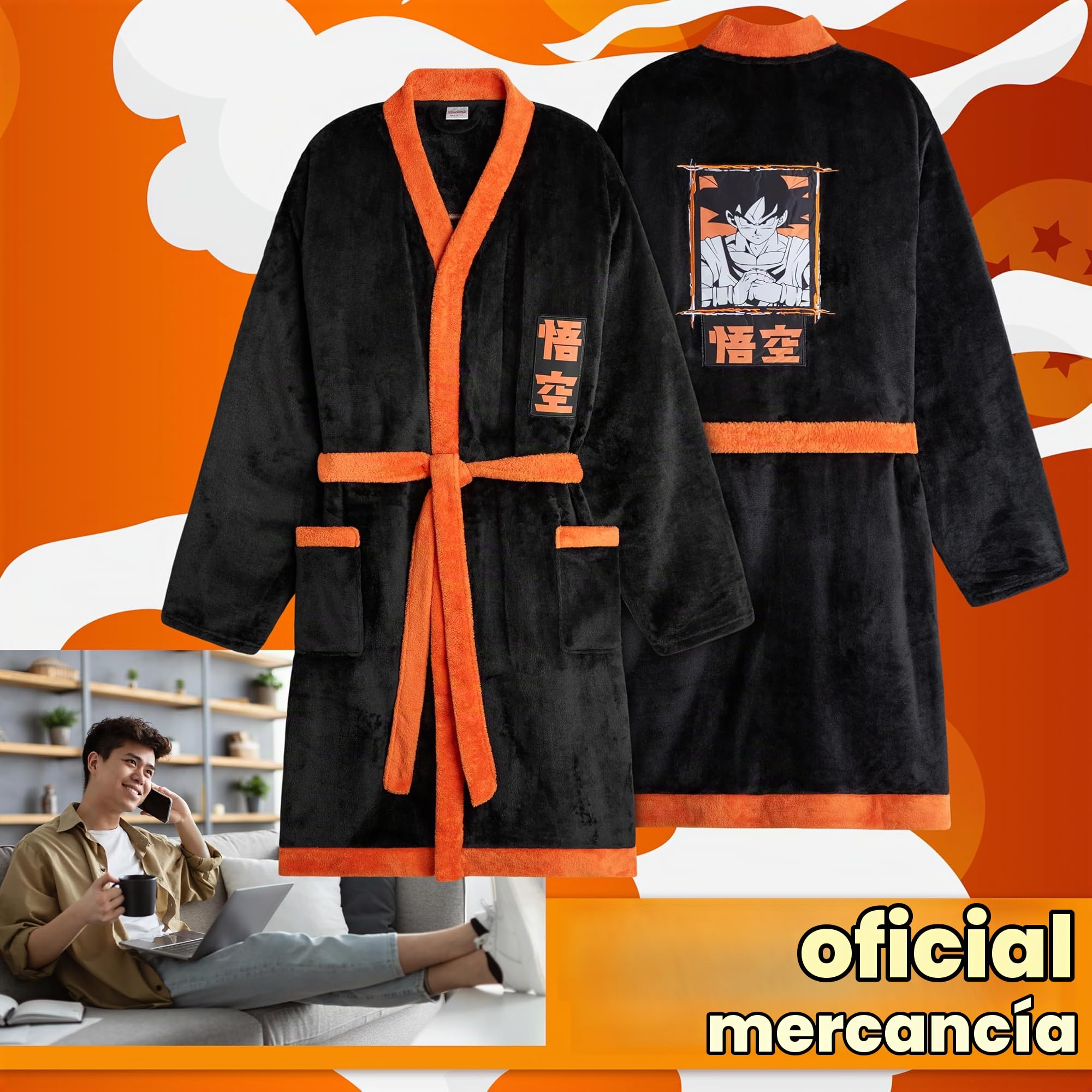 Dragon Ball Z Bata Invierno Hombre con Bolsillos y Cinturón, Bata de Estar por Casa