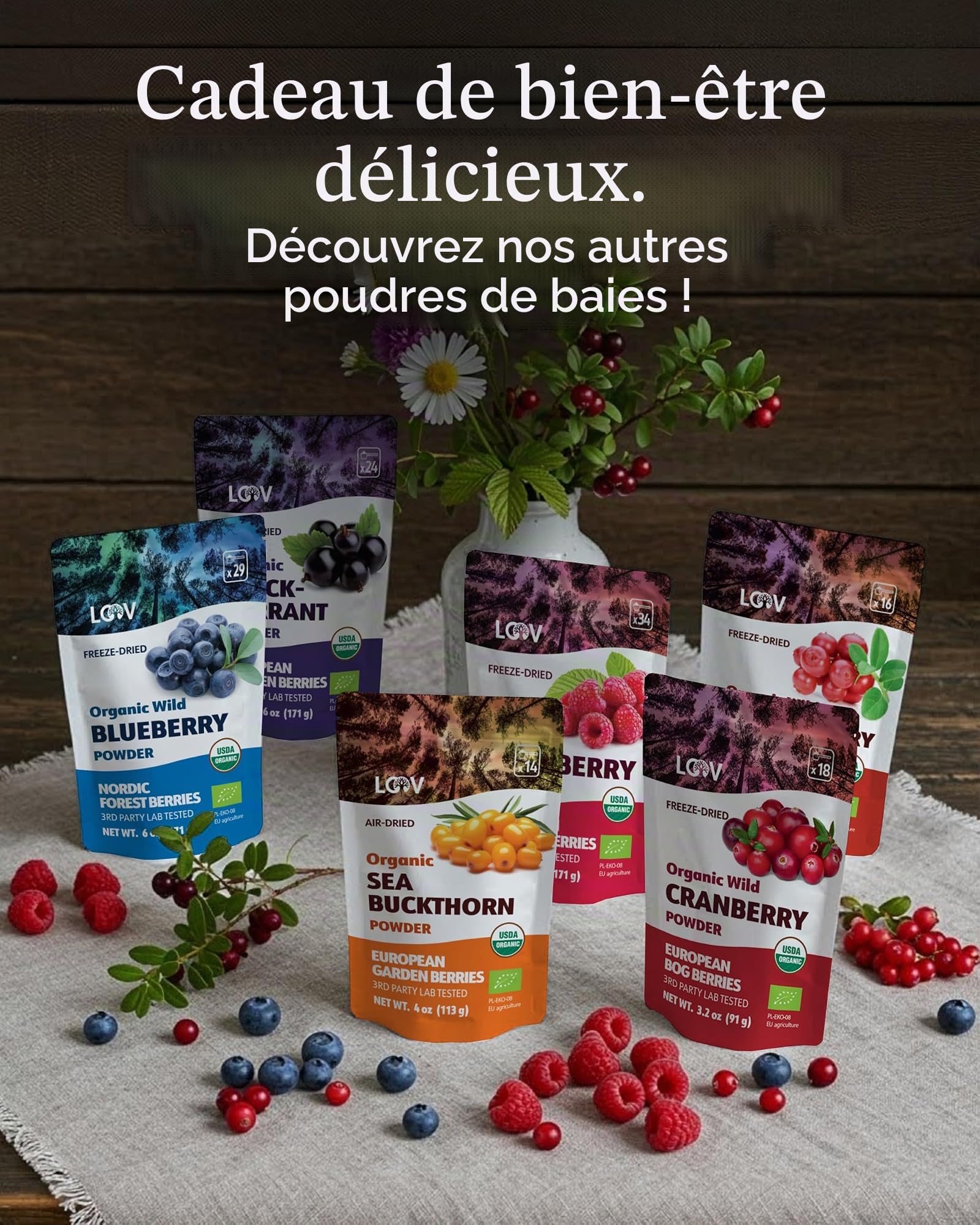 Poudre de framboise bio LOOV, produite à 100% de framboises entières, Framboises lyophilisées et réduites en poudre, 170 g, crue, produite en Europe, portions pour 24 jours, aucun sucre ajouté
