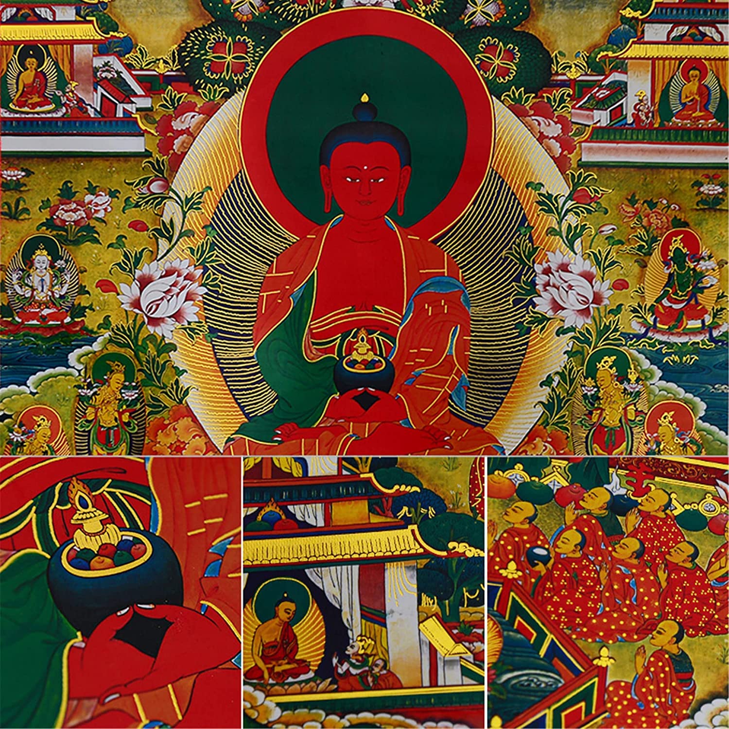 Tibetische Tangka, Rollen von Tangka, Amidabha im Reinen Land, Elysium des Buddhismus, Sukhavati, tibetische Thangka-Malkunst, buddhistischer Thangka-Brokat (Farbe: Blau, Größe: Klein (35 (Farb ( Colo