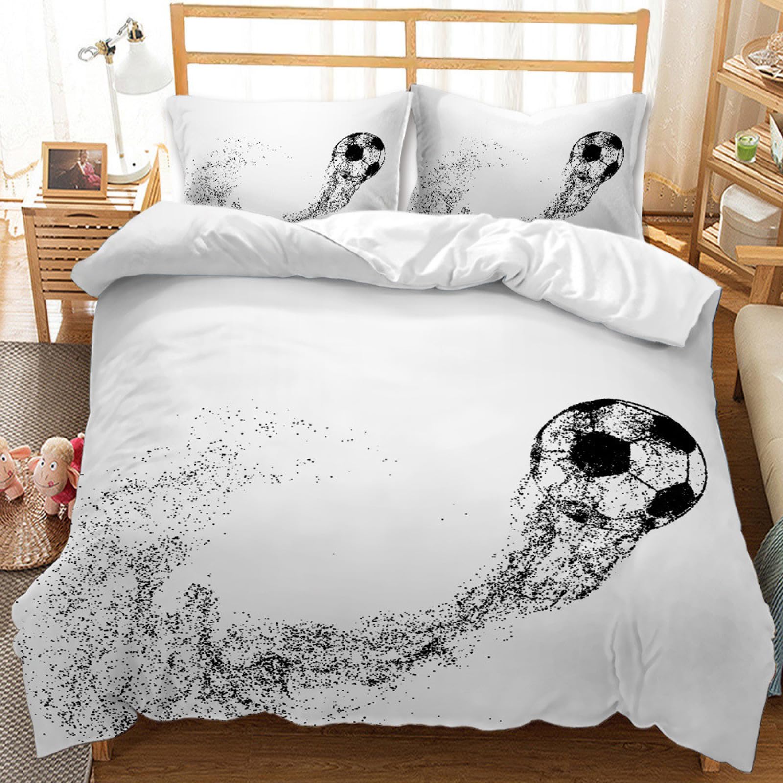 White Football Double Duvet CoverSports Print Bedding Double Bedding Set 110gsm Microfibre Soft Quilt Cover and 2 Pillowcases 19"X29" Duvet Covers with Zipper Closure for Bedroom Bed Deco