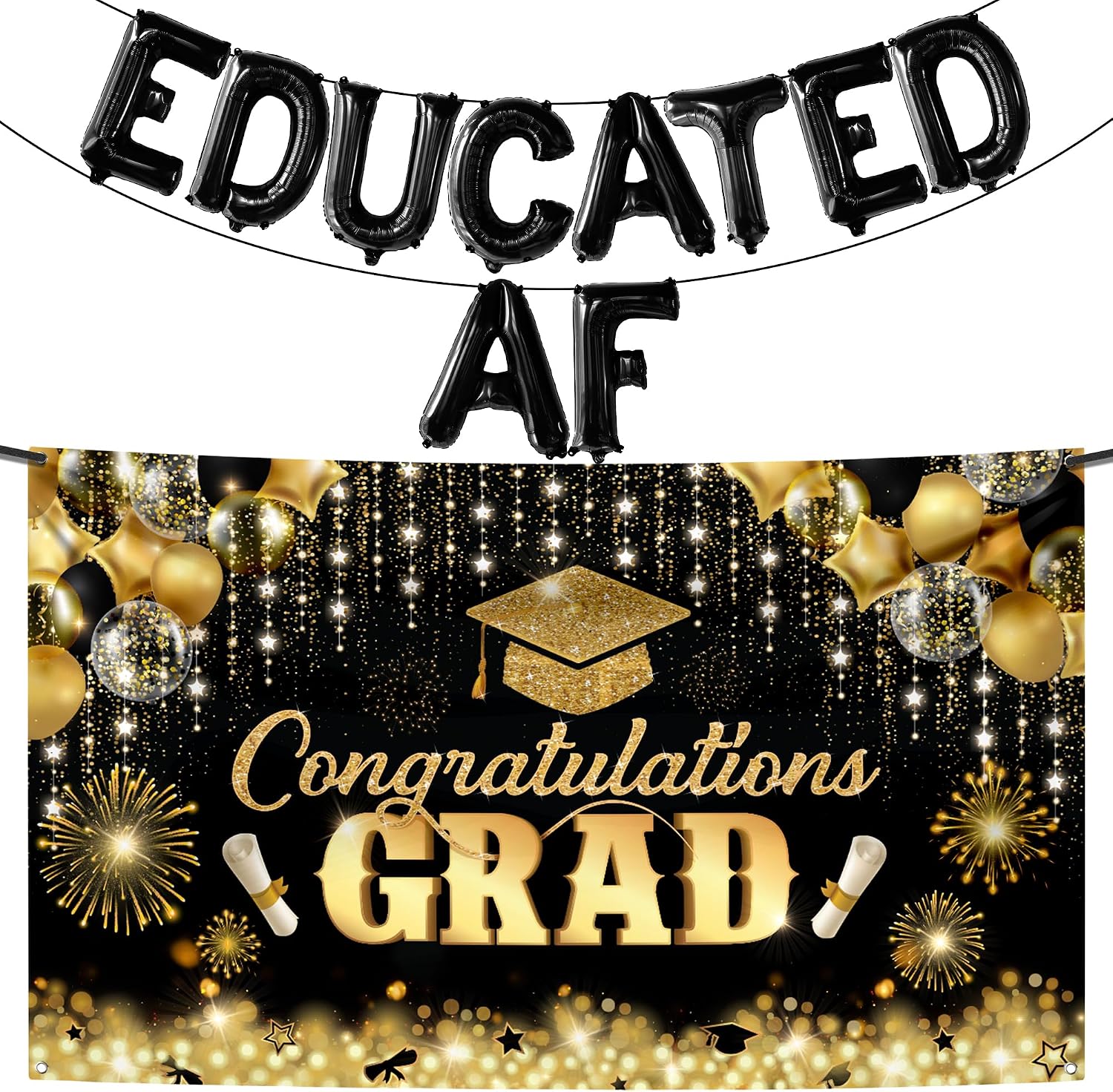 KatchOn, Black Educated AF Balloons Banner - 16 Inch | Graduation Backdrop - 72x12 Inch | Educated AF Grad Foil Balloons for Graduation Decorations 2026