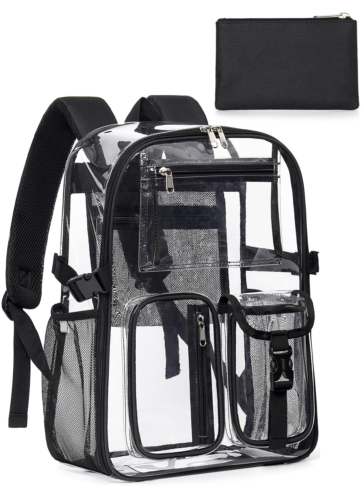 Flowston Clear Backpack for School 17" Large Clear Bookbag with Accessories | PVC, See-through design with practical accessories, Ideal for school work travel, Fits women, men, boys and girls, Black