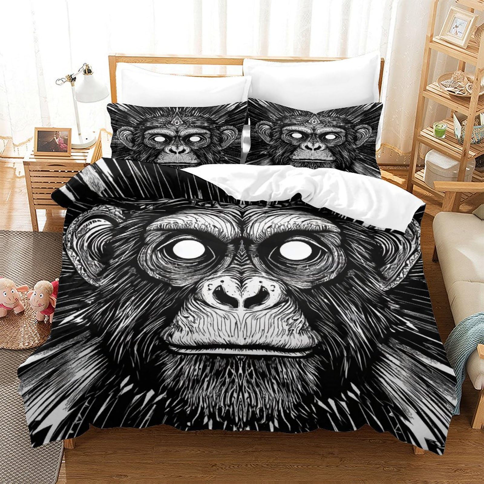 P1S9U7W5Y Illustrated Monkey 3D Printed Duvet Cover Set 3pcs Soft Microfiber Primate Bedding Set Super king（260x220cm）