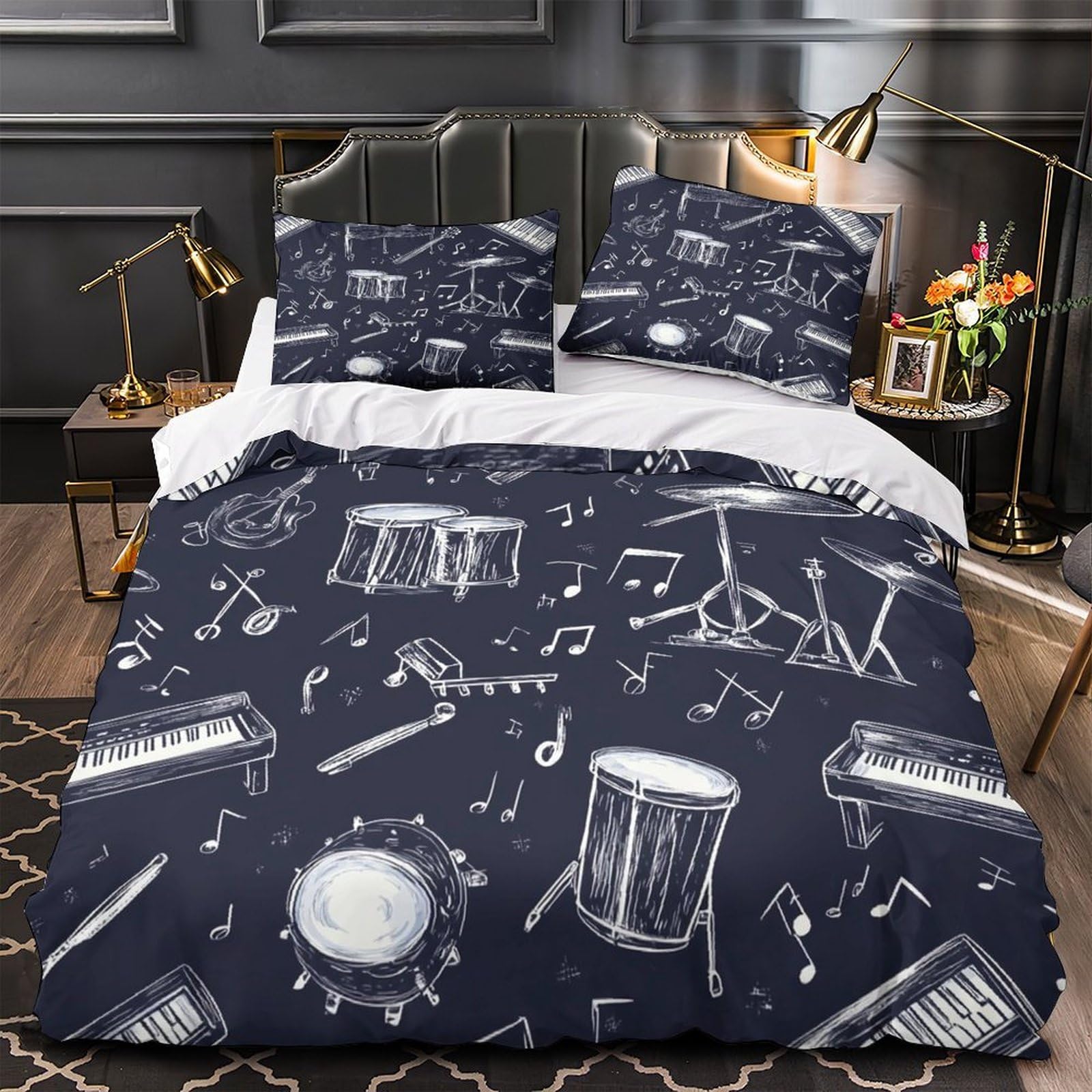 MMDASBVPE Musical Instruments Duvet Cover 3D Print Breathable 3-Piece Bed Set Hidden Zipper hand Drawn Quilt Cover Luxury Hypoallergenic for Teens Adults Kids Women Girls Boys Youth Single（135x200cm）