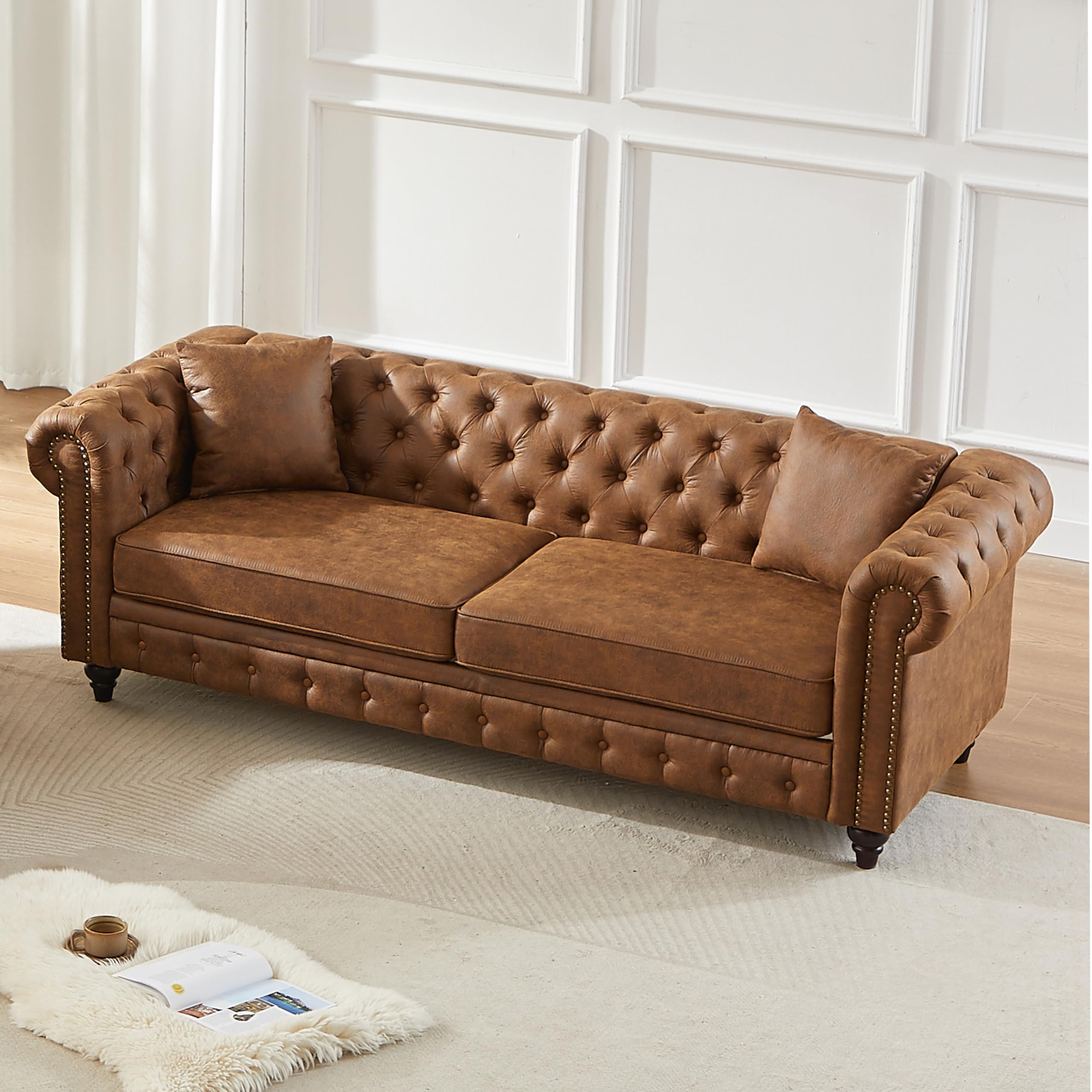 Harper Bright Designs Tech Fabric Upholstered 3-Seater Living Room Sofa with Button and Copper Nail on Arms Classic