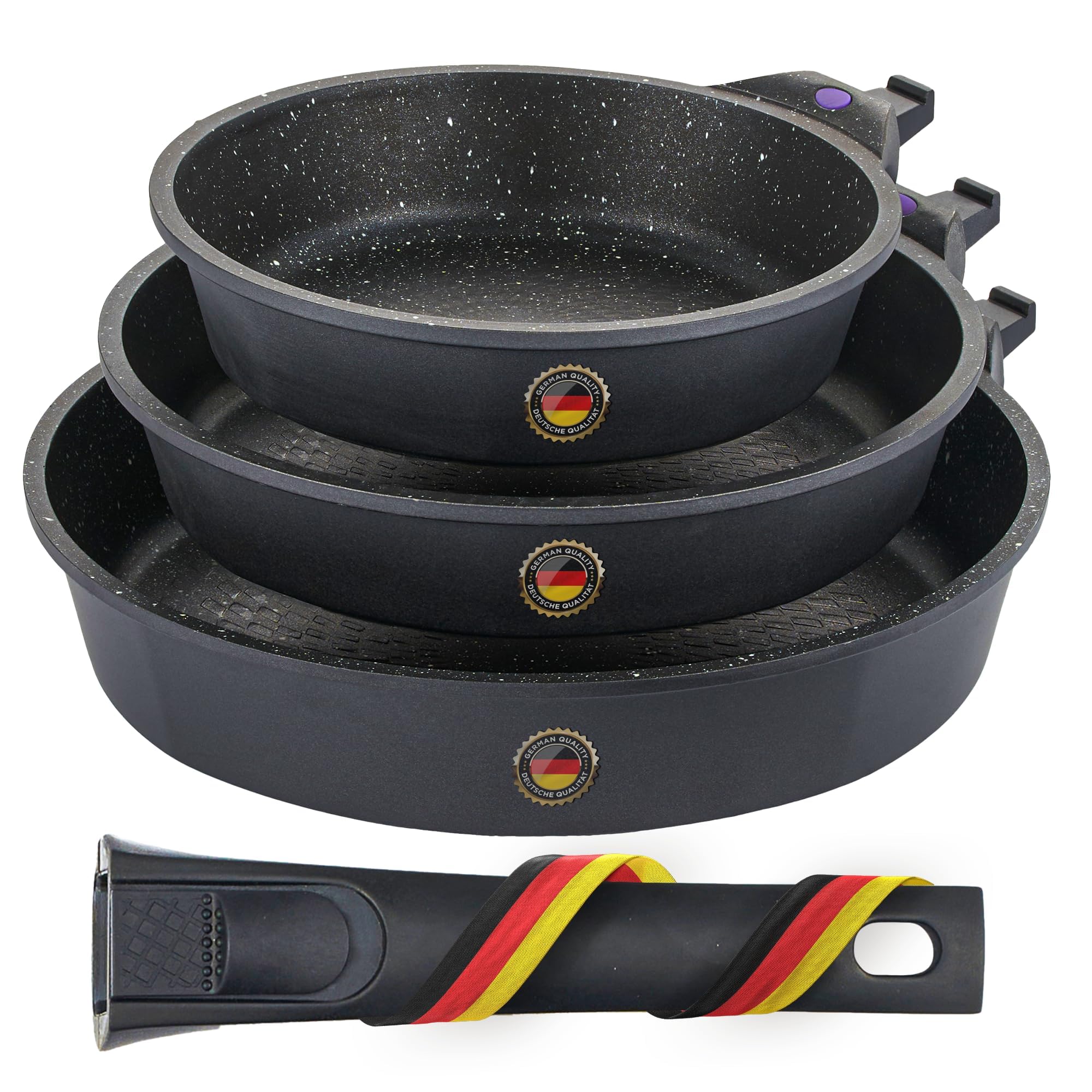 GIPFEL INTERNATIONAL 8, 10 and 12 Inch Nonstick Frying Pan Set of 3 - Cast Aluminum Pan with Detachable Handle - Non Stick Skillet Healthy Cooking Pans Induction Compatible Cookware, PFOA Free