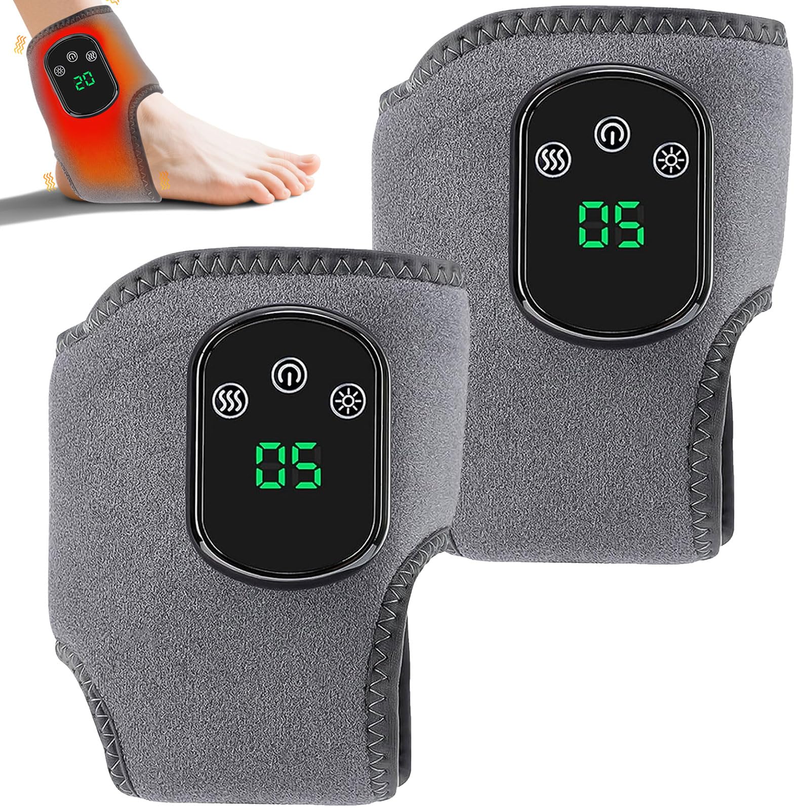 Lot de 2 masseurs de pieds, 3 en 1, appareil de massage électrique avec 5 réglages de chaleur, chauffe-pieds sans fil, chauffe-pieds avec appareil de massage des chevilles