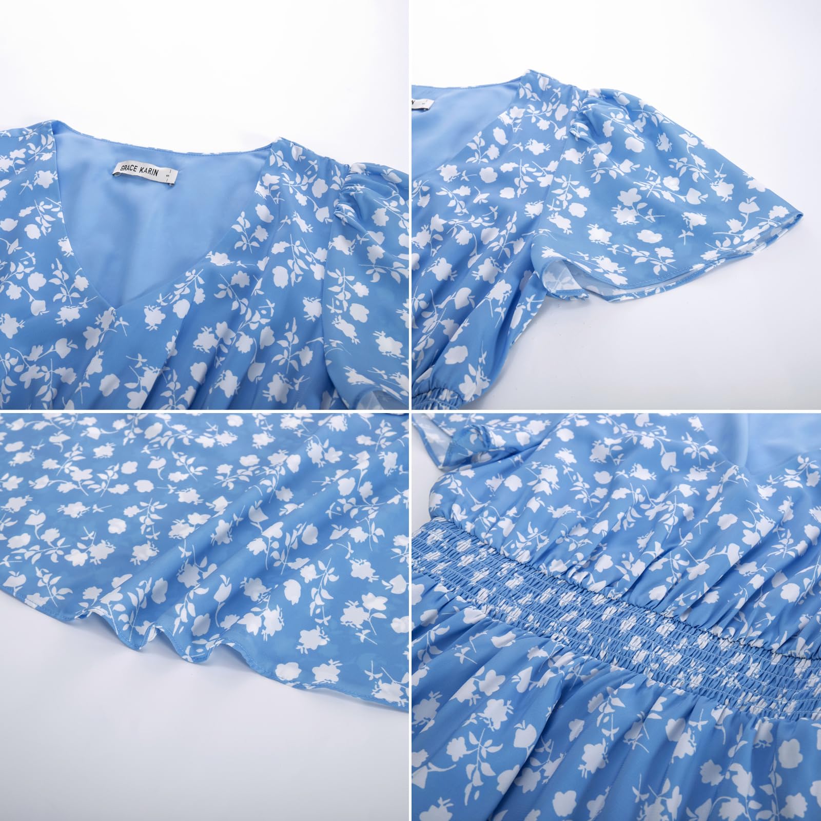 GRACE KARIN Vestido Midi para Mujer Manga Corta Cuello en V Cintura Elástica Línea A Acampanado