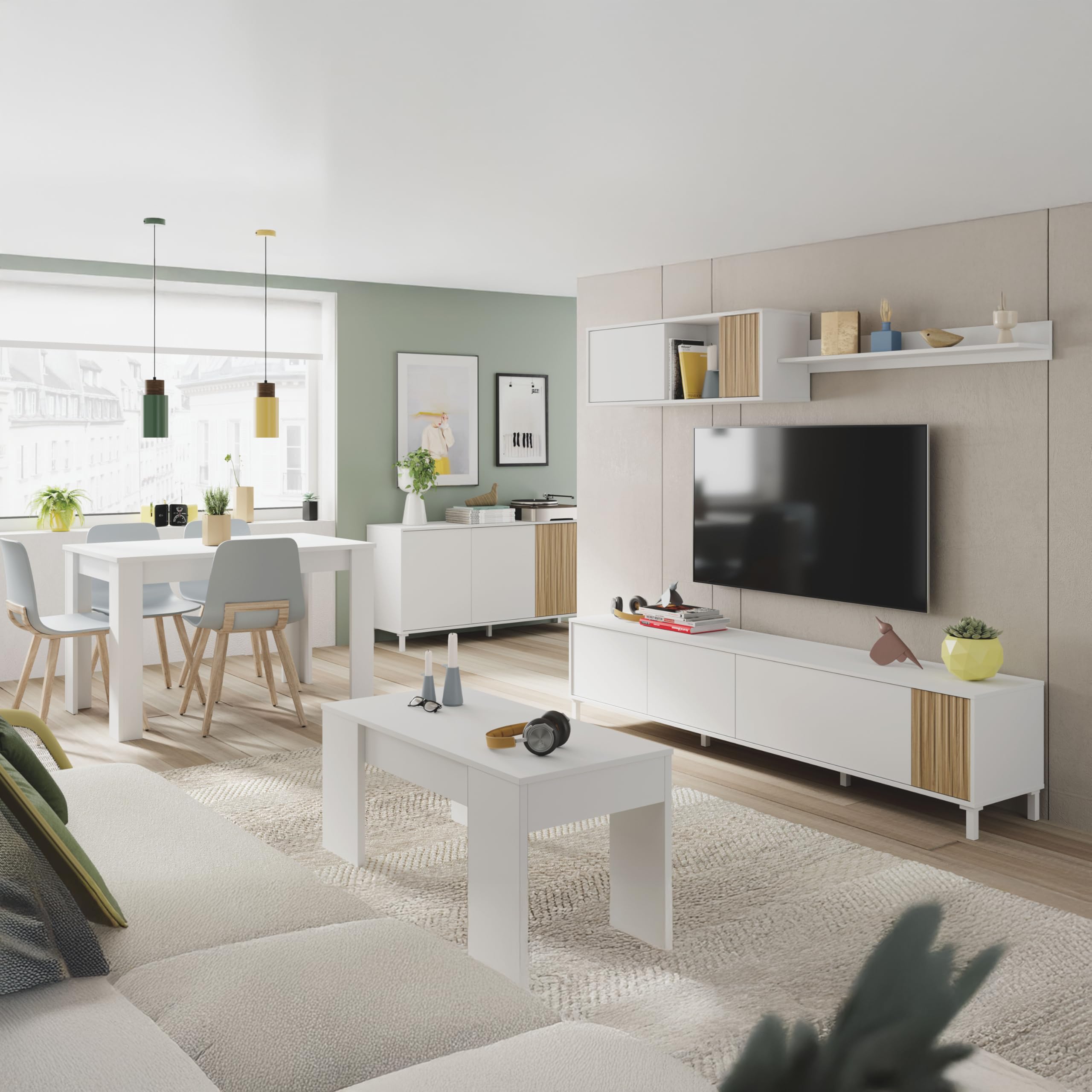 duehome | Conjunto de Salon, Mueble de TV, Modulos de Comedor, Modelo Nitza, Acabado en Blanco Artik y Natur, Medidas: 200 cm (Largo) x 40 cm (Fondo) x 47 cm (Alto)